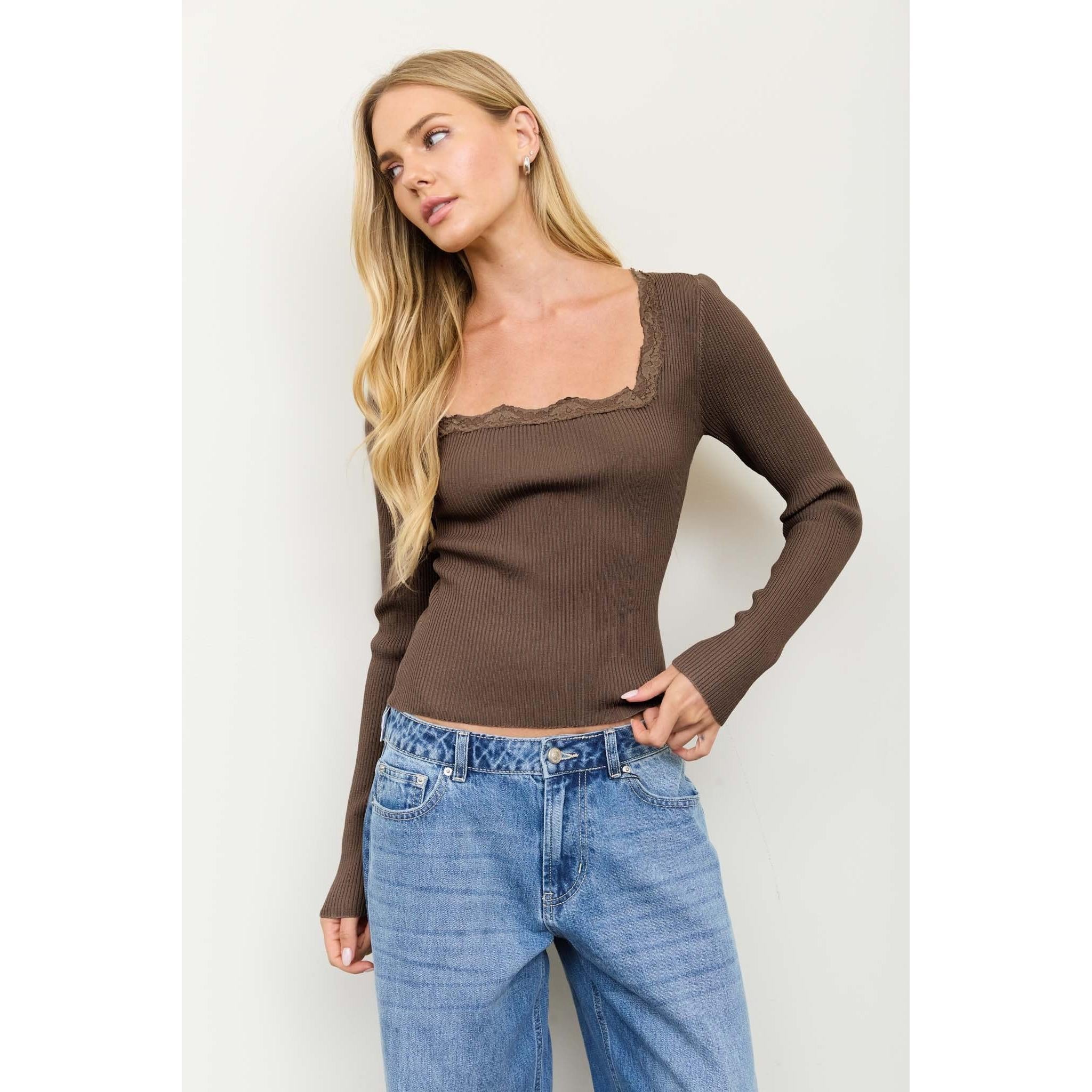 lace trim square neck sweater