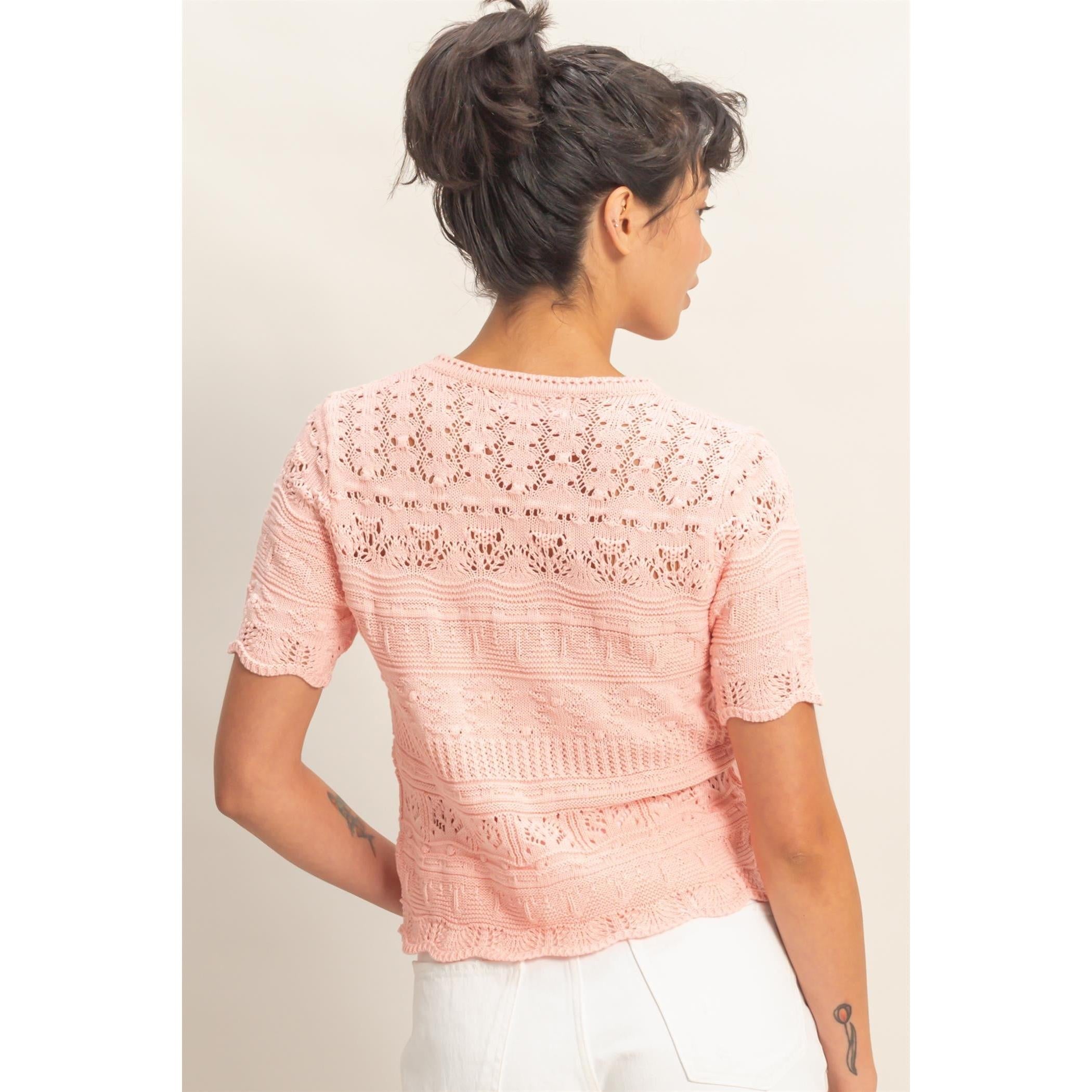 Pointelle Knit Short Sleeve Top || Pink