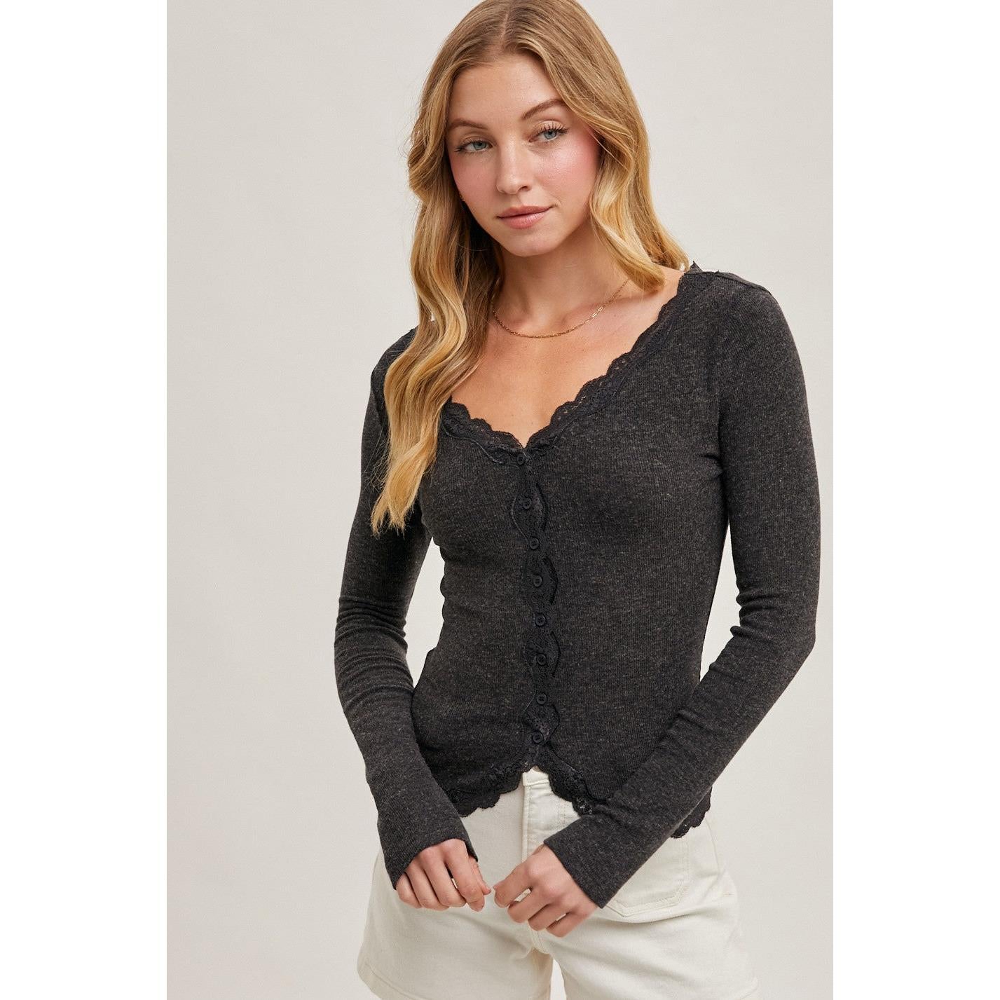 soft brushed charcoal top with lace and button front