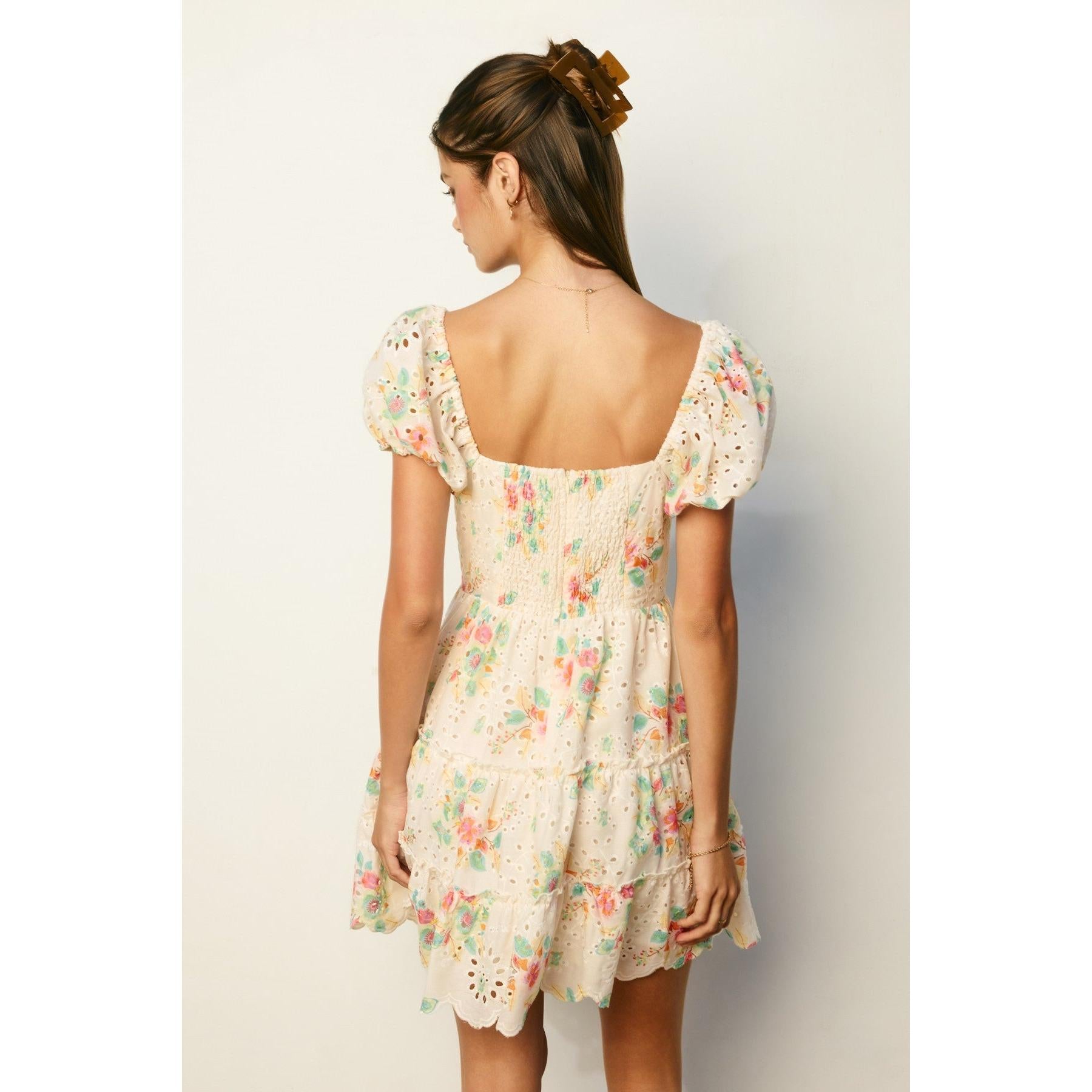Floral Eyelet Puff Sleeve Mini Dress || Summer Garden