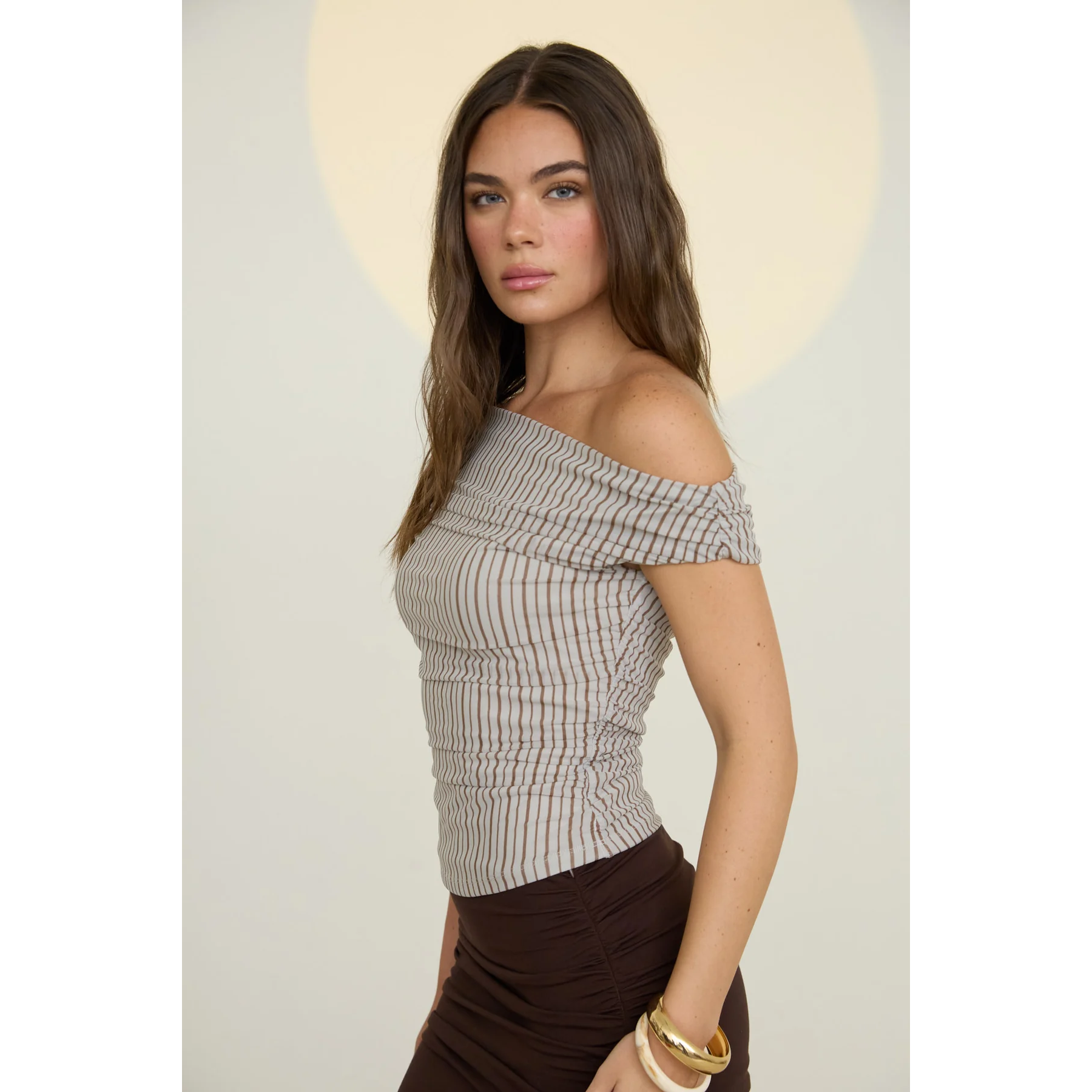 Stripe Off The Shoulder Ruched Top || Light Grey