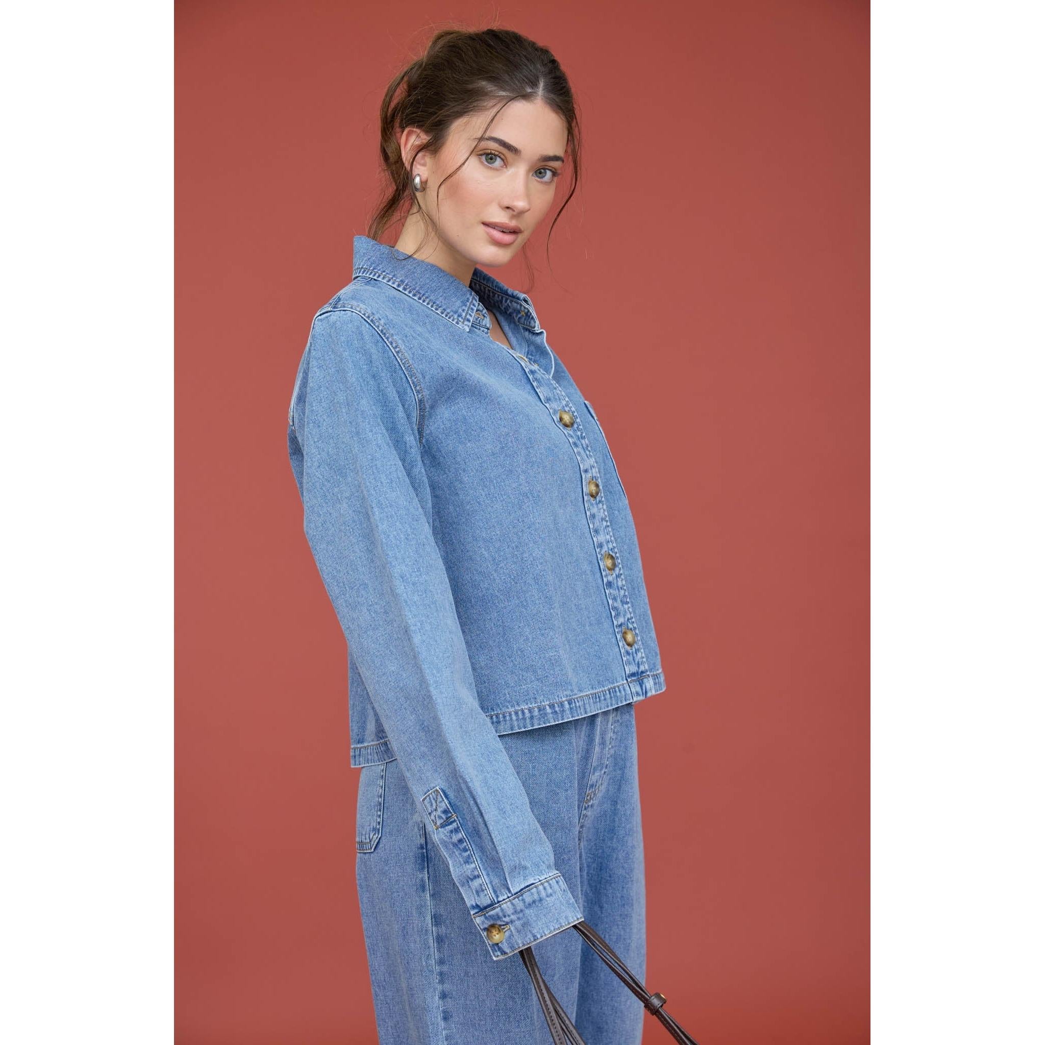 Acid Wash Collared Long Sleeve Denim Shirt || Denim