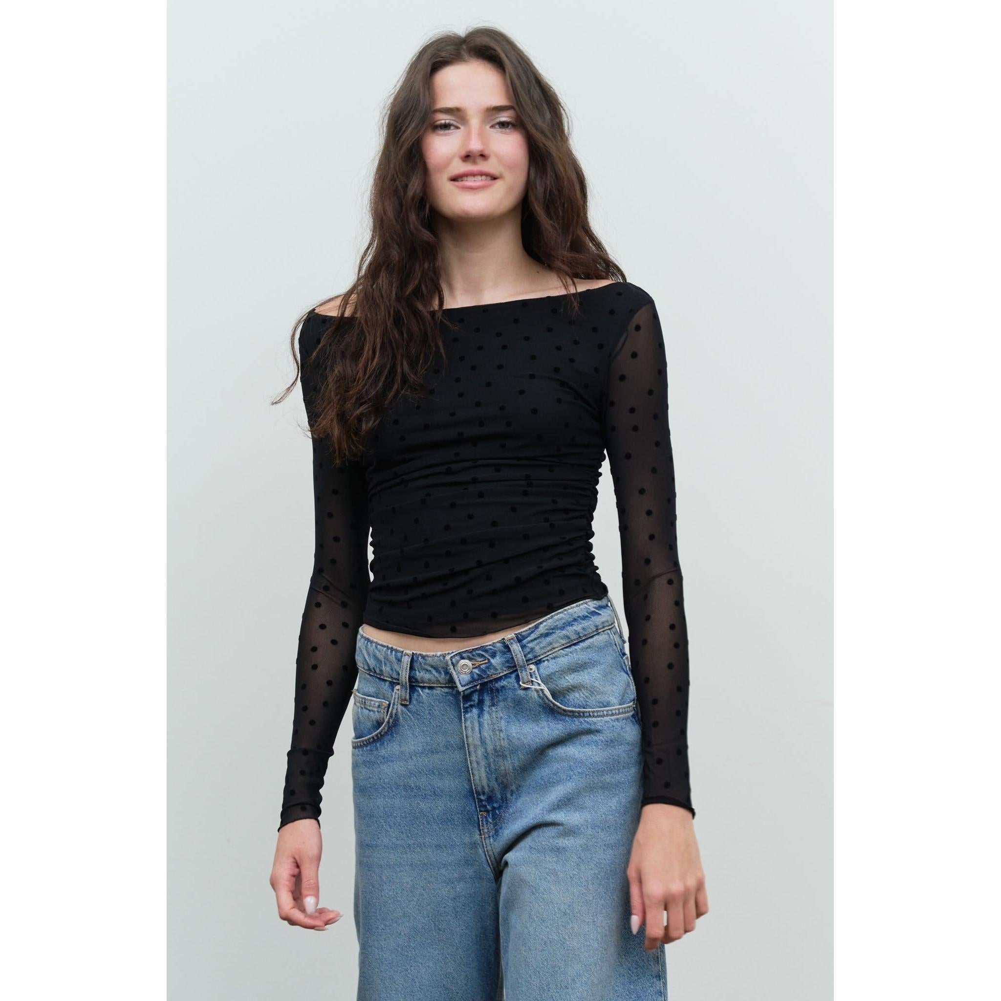 Polka Dot Mesh Off-shoulder Top