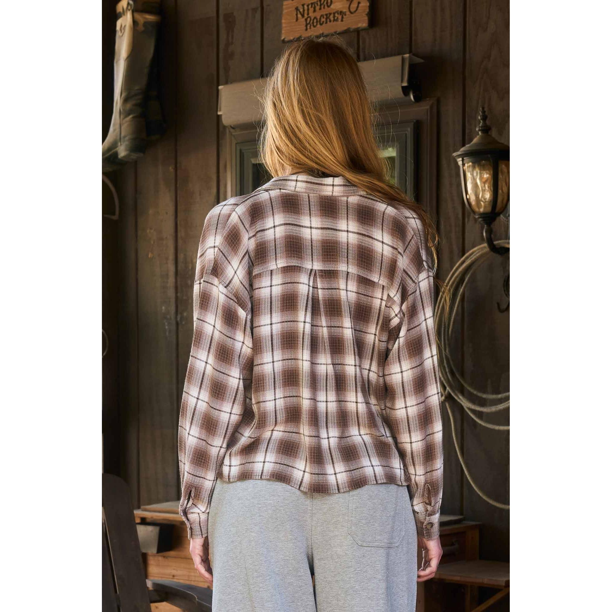 Plaid Boxy Long Sleeve Button Down Shirt || Brown Multi