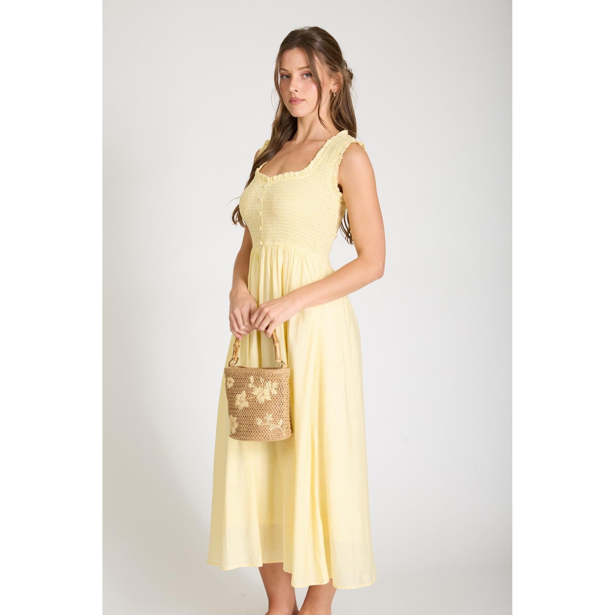 Sweetheart Smocked Midi Dress || Butter Yellow