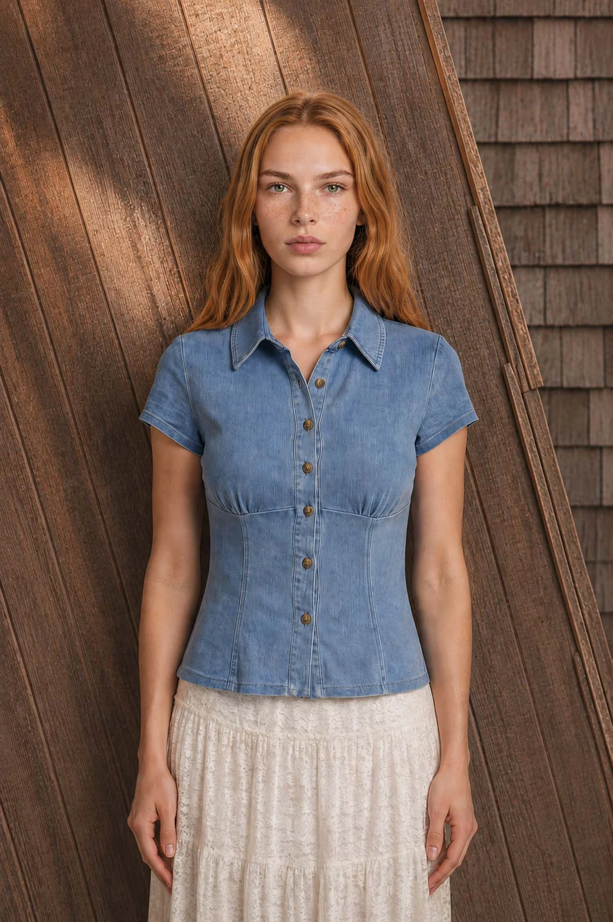 Button Down Cinched Waist Denim Top