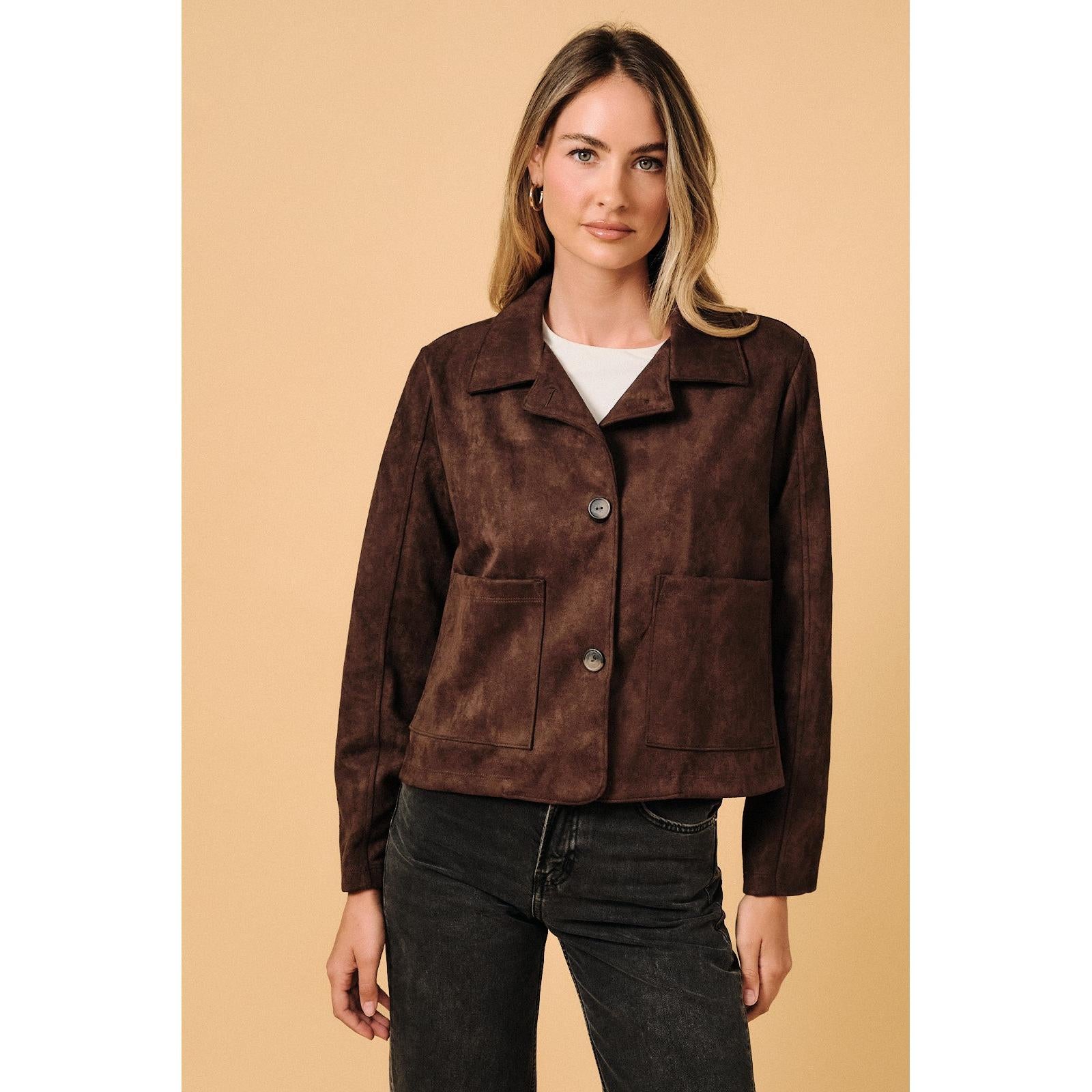 Faux Suede Button Down Jacket || Dark Brown