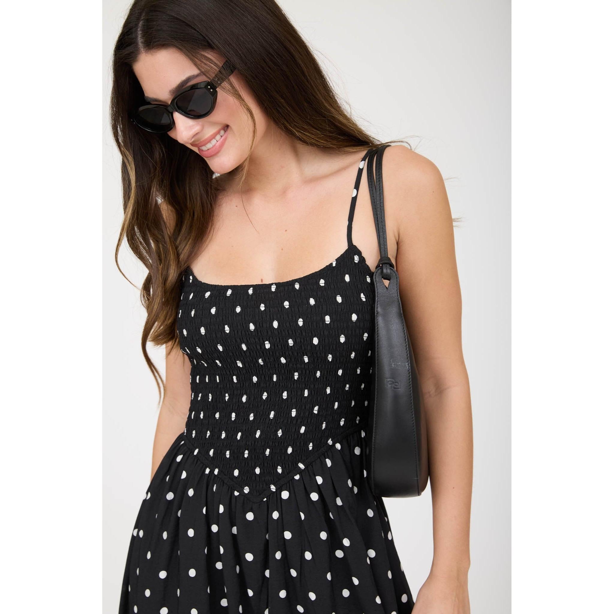 Polka Dot Smocked Midi Dress || Black