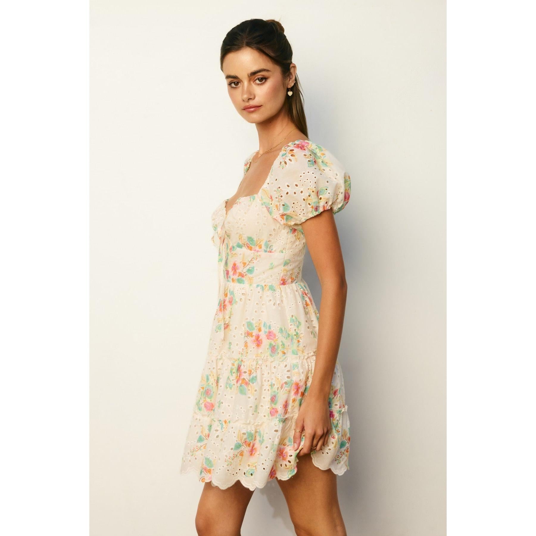 Floral Eyelet Puff Sleeve Mini Dress || Summer Garden