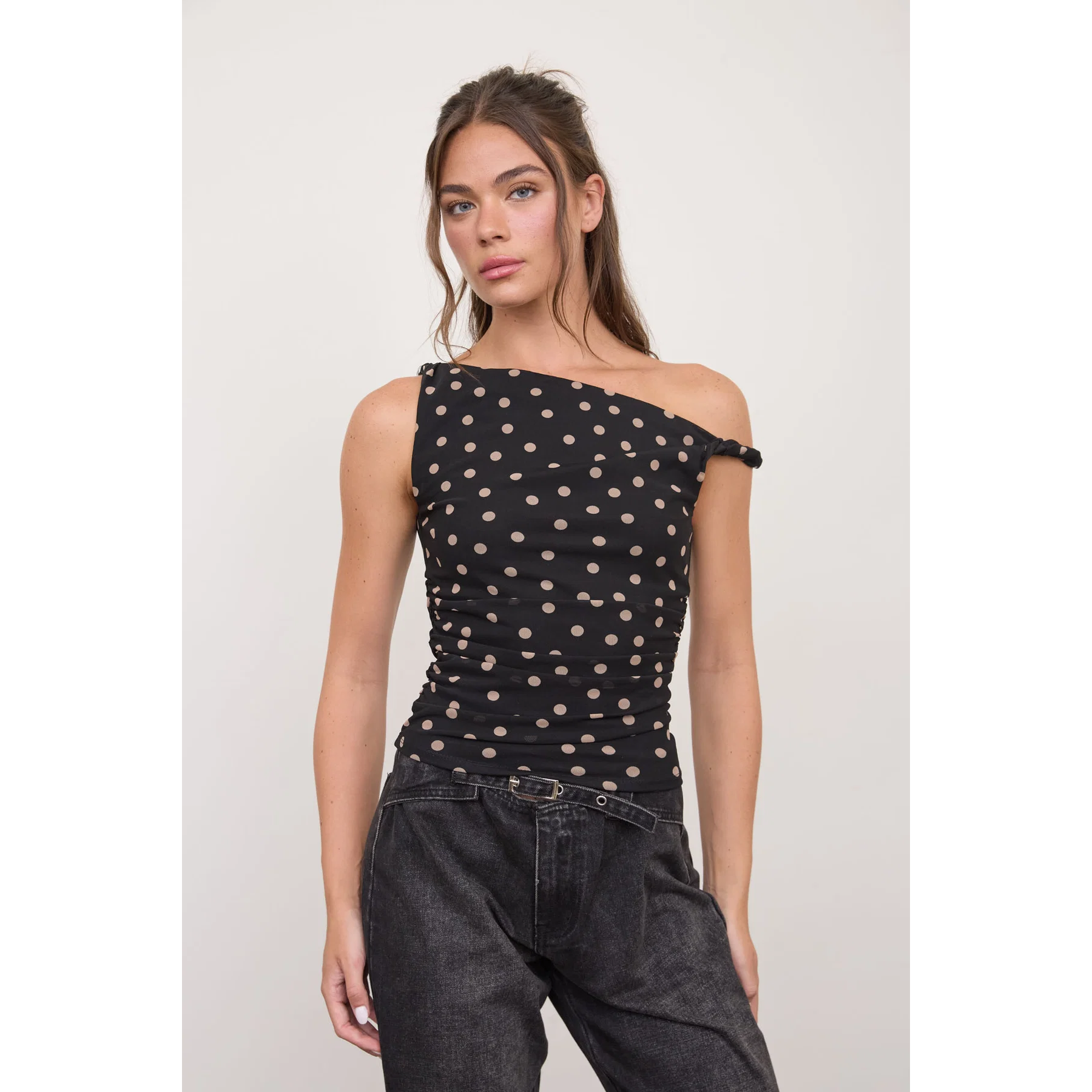 Polka Dot Asymmetrical Twist Detail Top