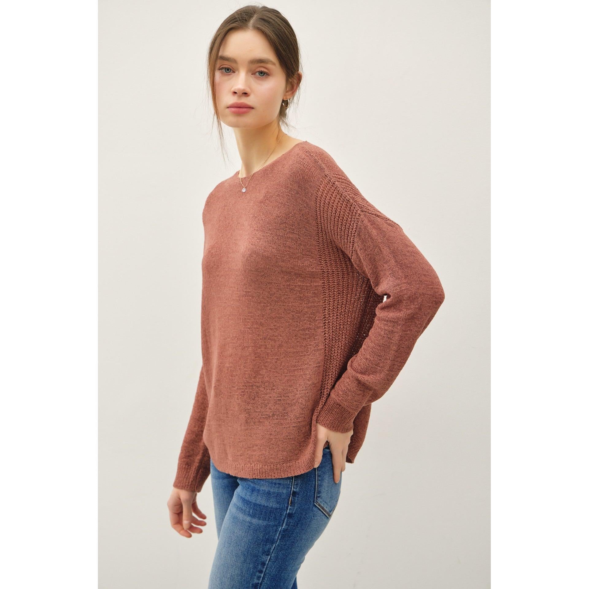 clay colored lightweight sweater with drop shoulders