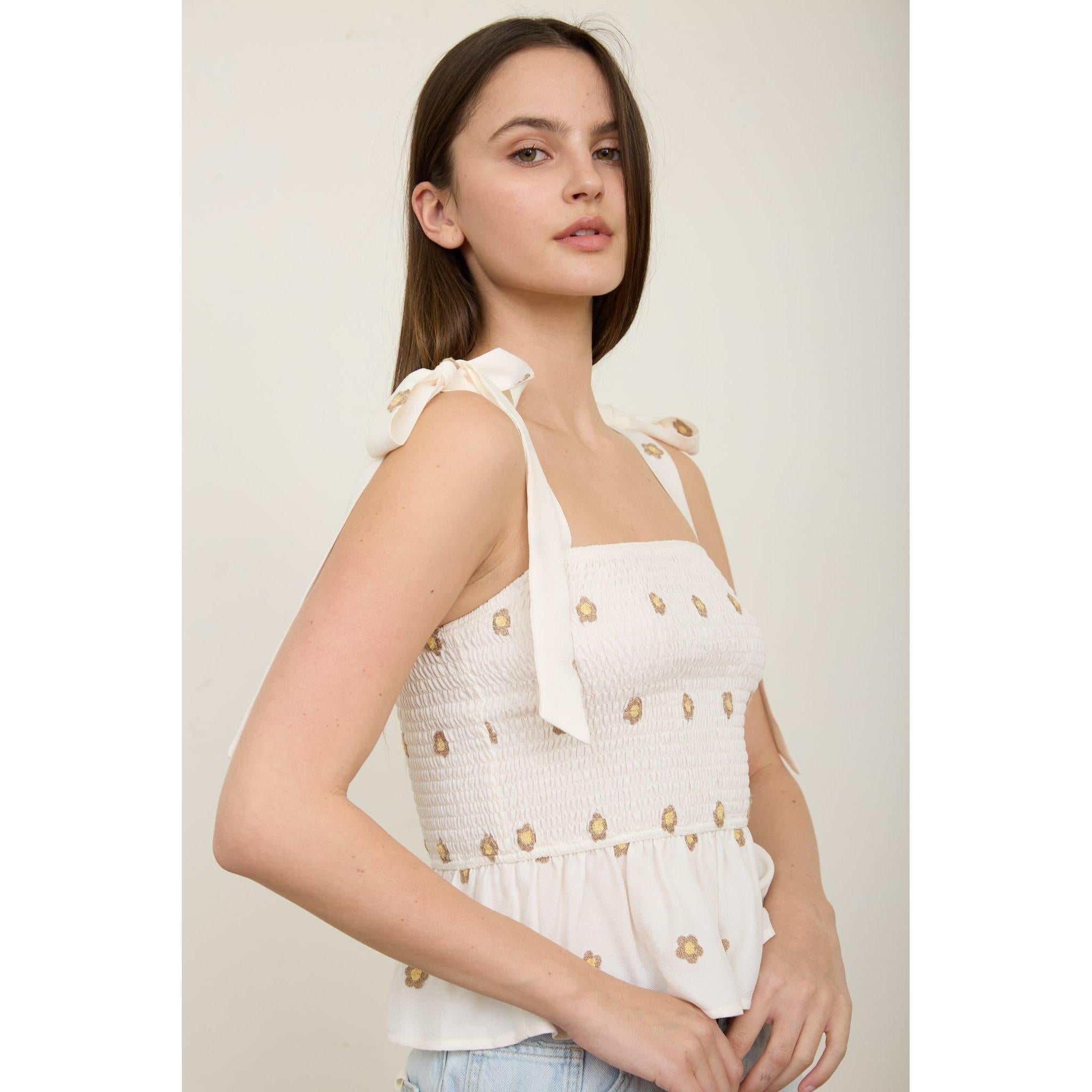 Daisy Embroidery Tie Strap Top || Ivory