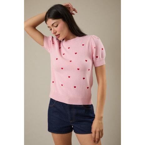 Pink short sleeve sweater with red hearts 
