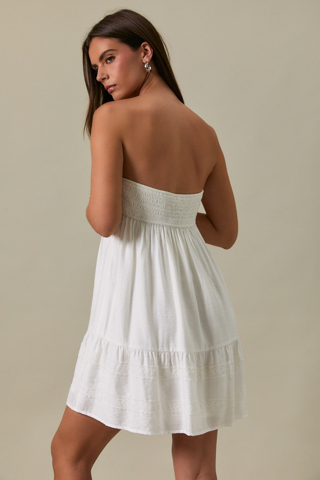 Strapless Lace Trim Babydoll Dress || White