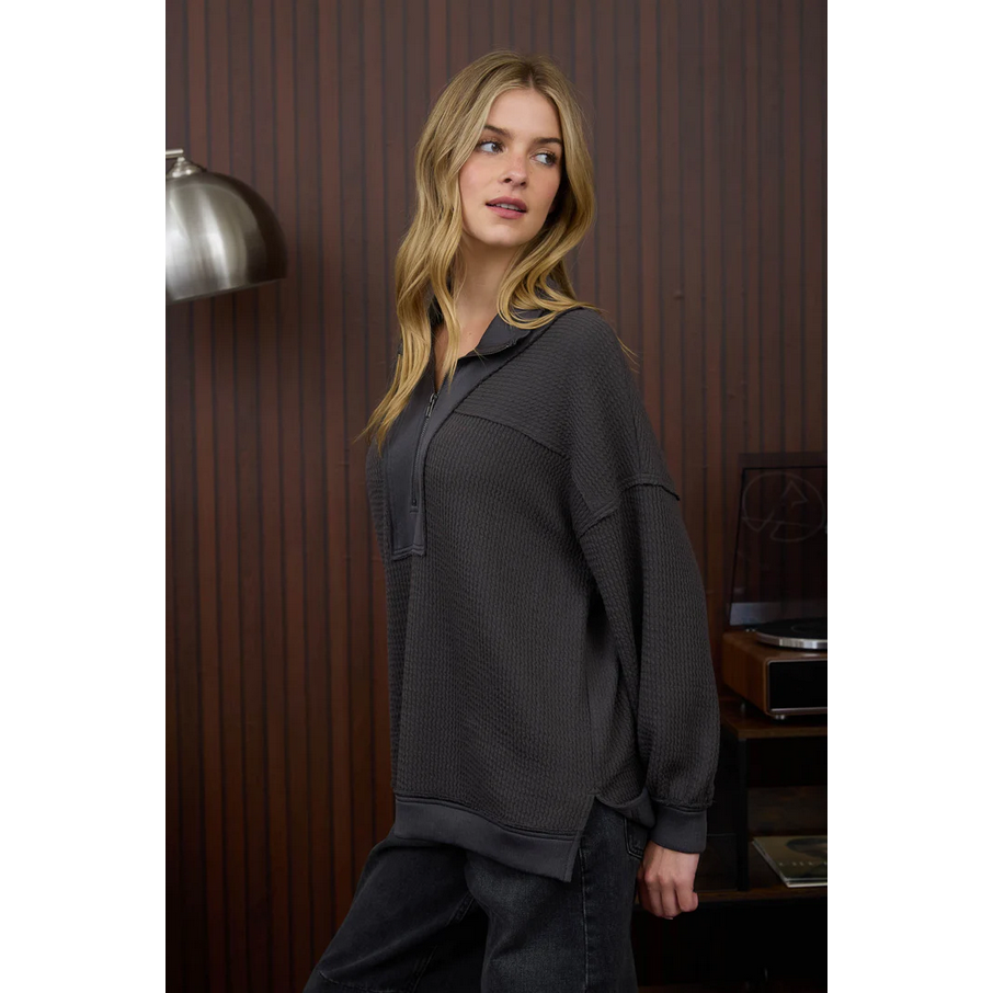 Half Zip Long Sleeve Waffle Knit Top || Charcoal