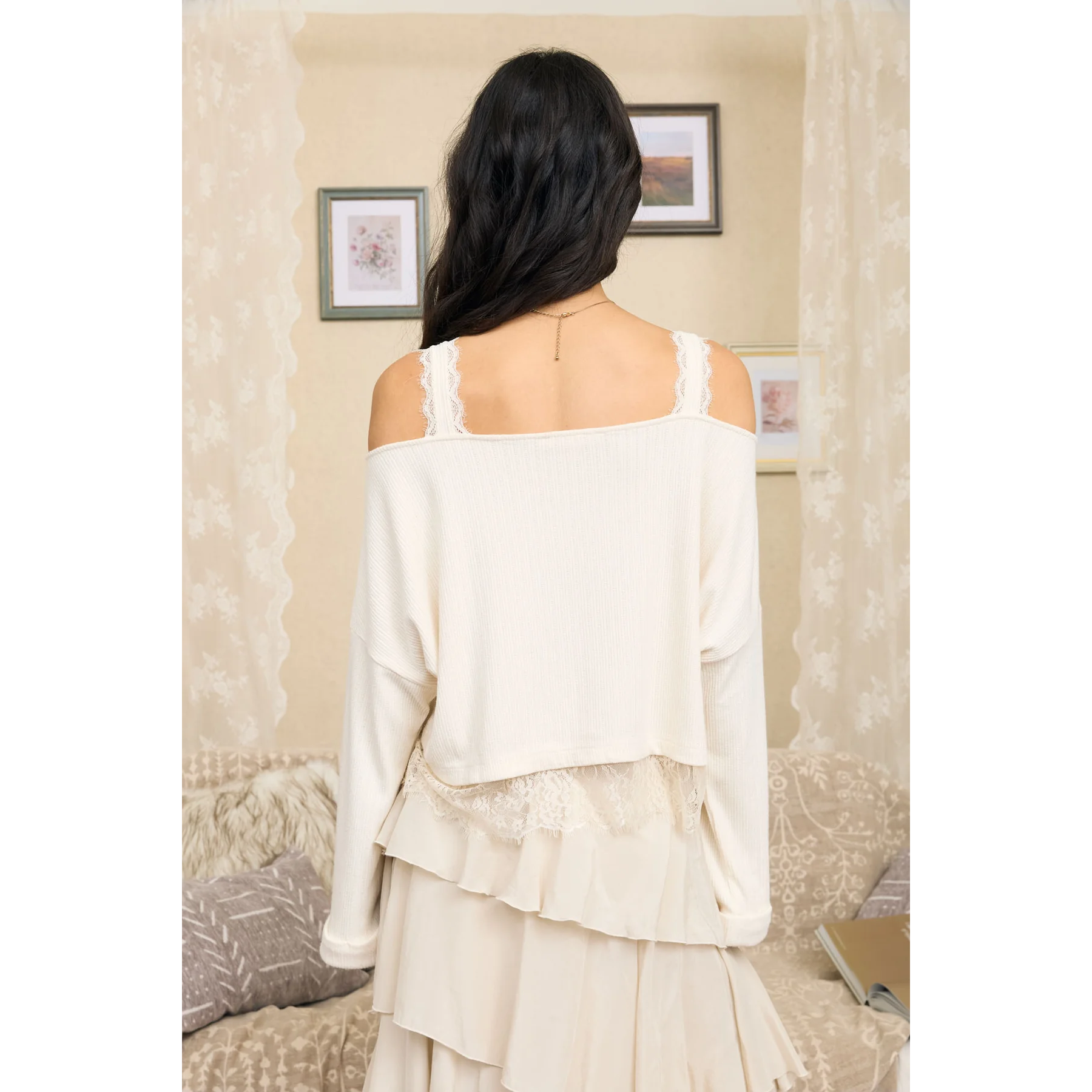 Off-shoulder Lace Strap Top || Cream