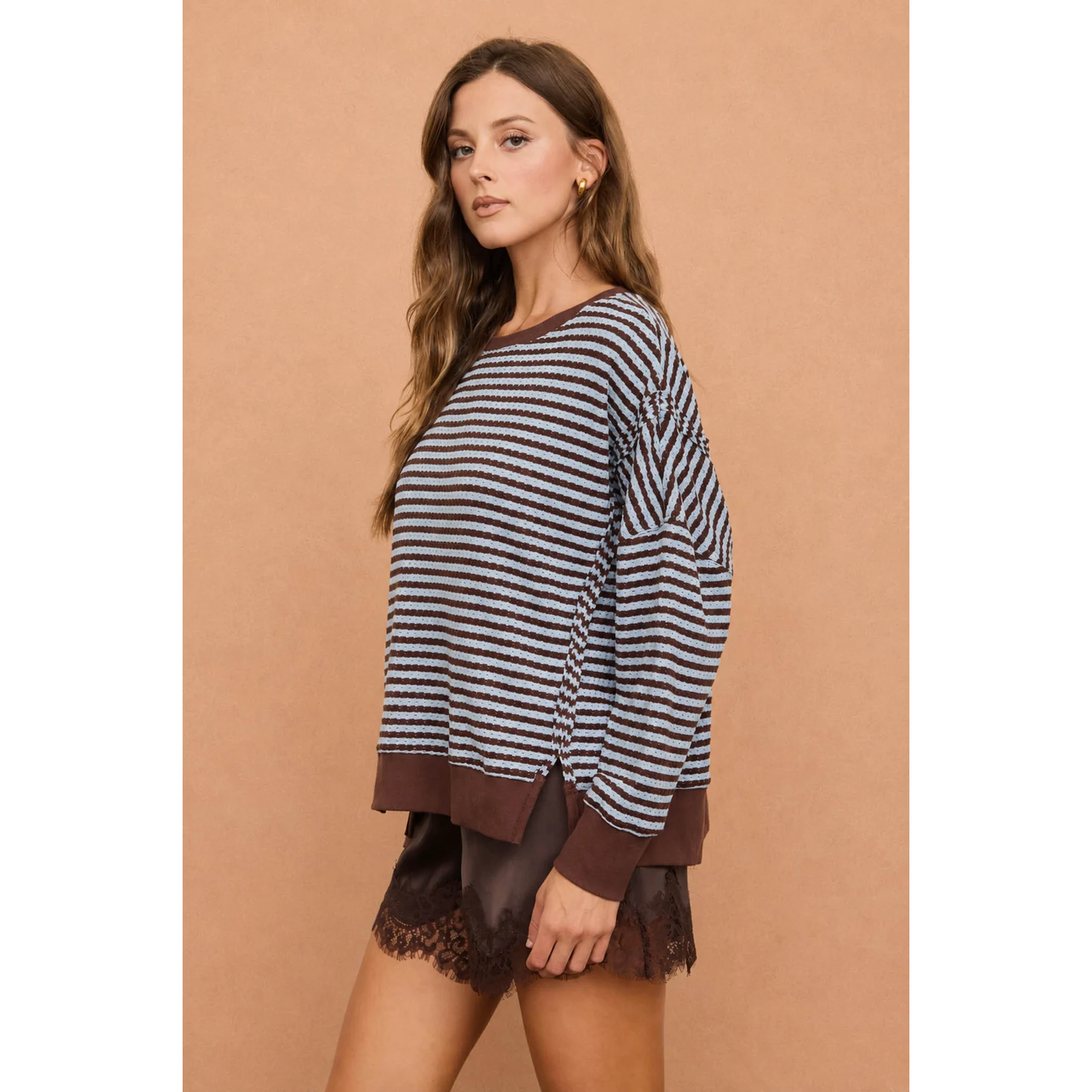 Stripe Exposed Seam Split Hem Top
