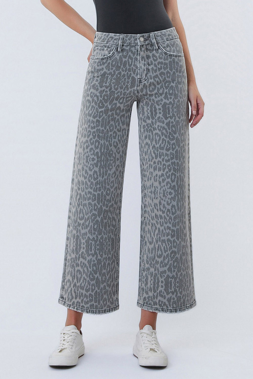 High Rise Leopard Print Crop Wide Leg Jeans || Grey Leopard