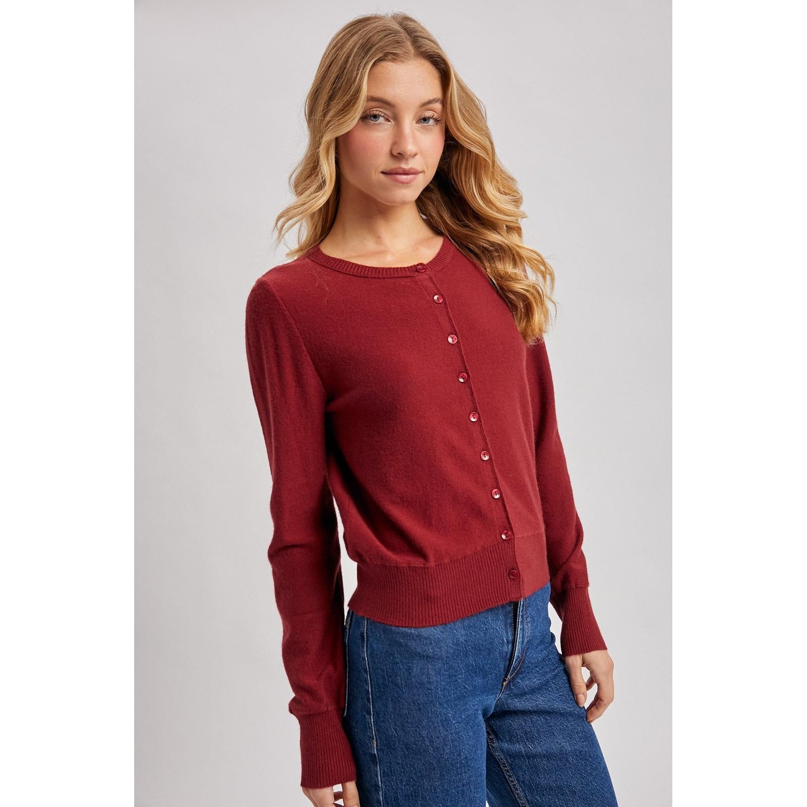 Button Down Crew Neck Cardigan || Wine
