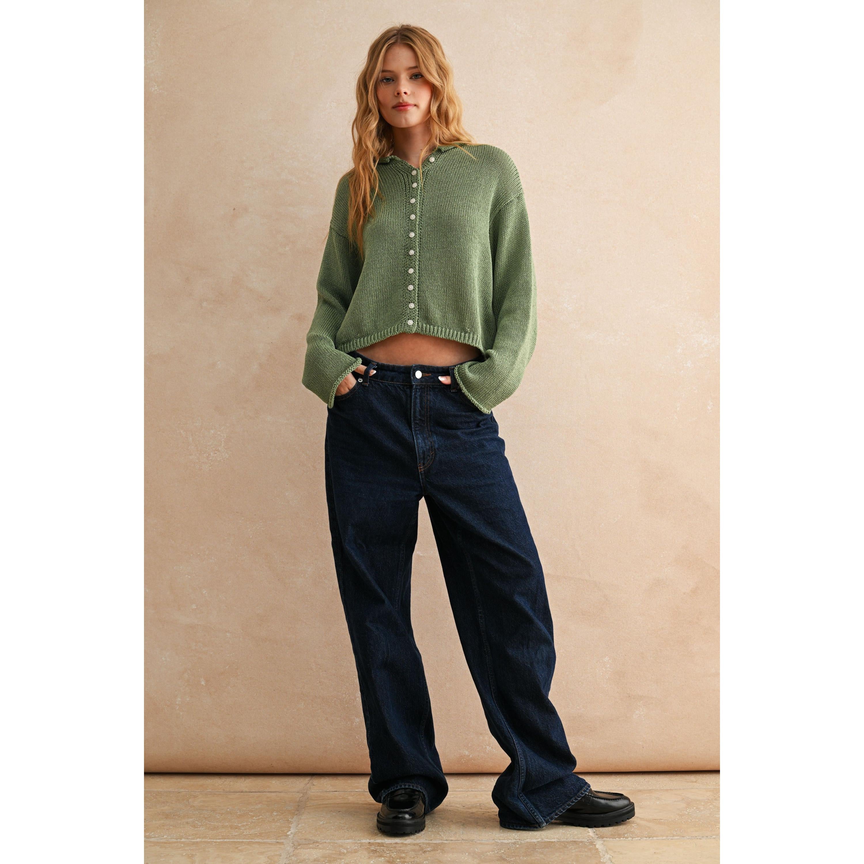 Relaxed Button Front Cardigan || Sage