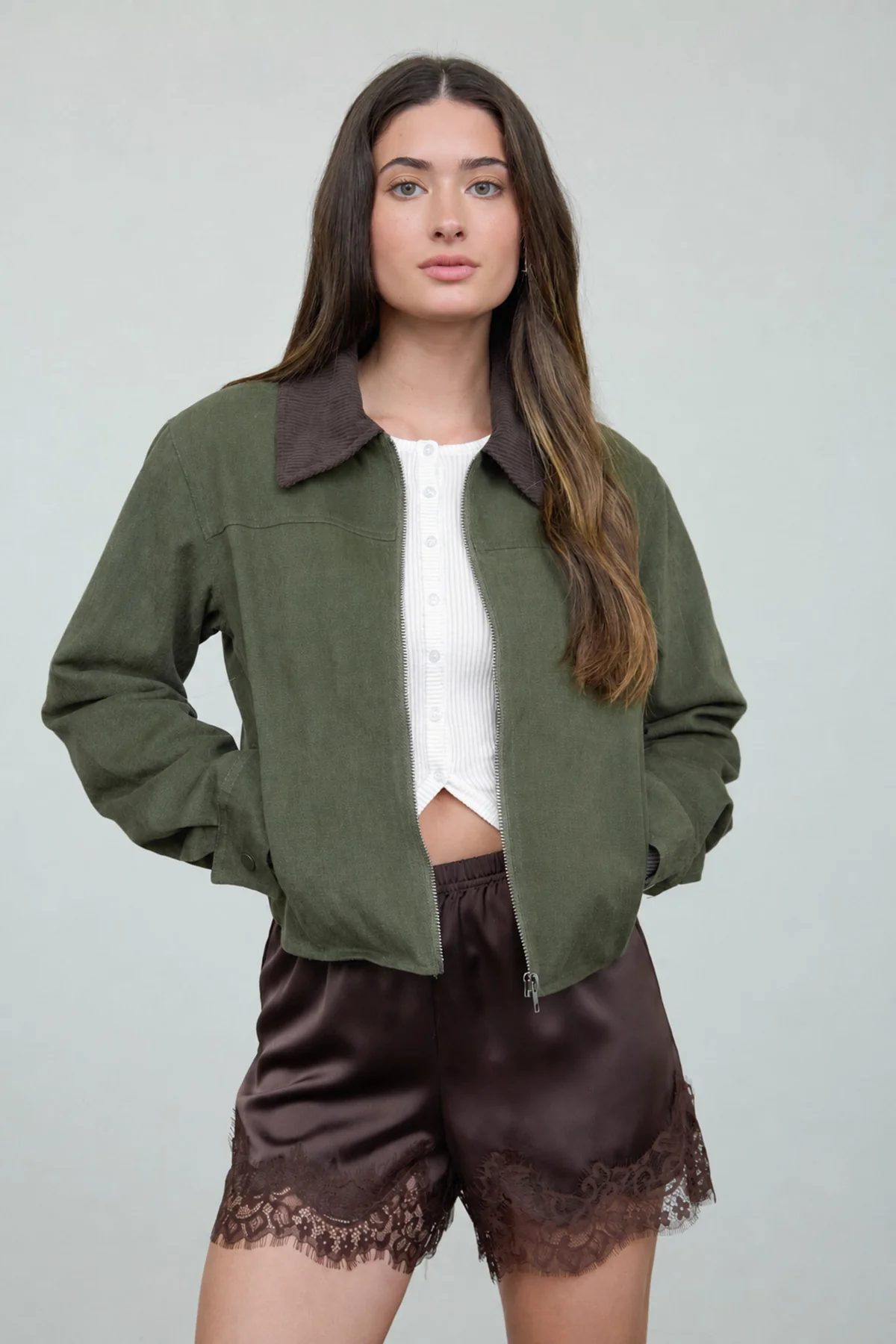 Olive light jacket with cord collar