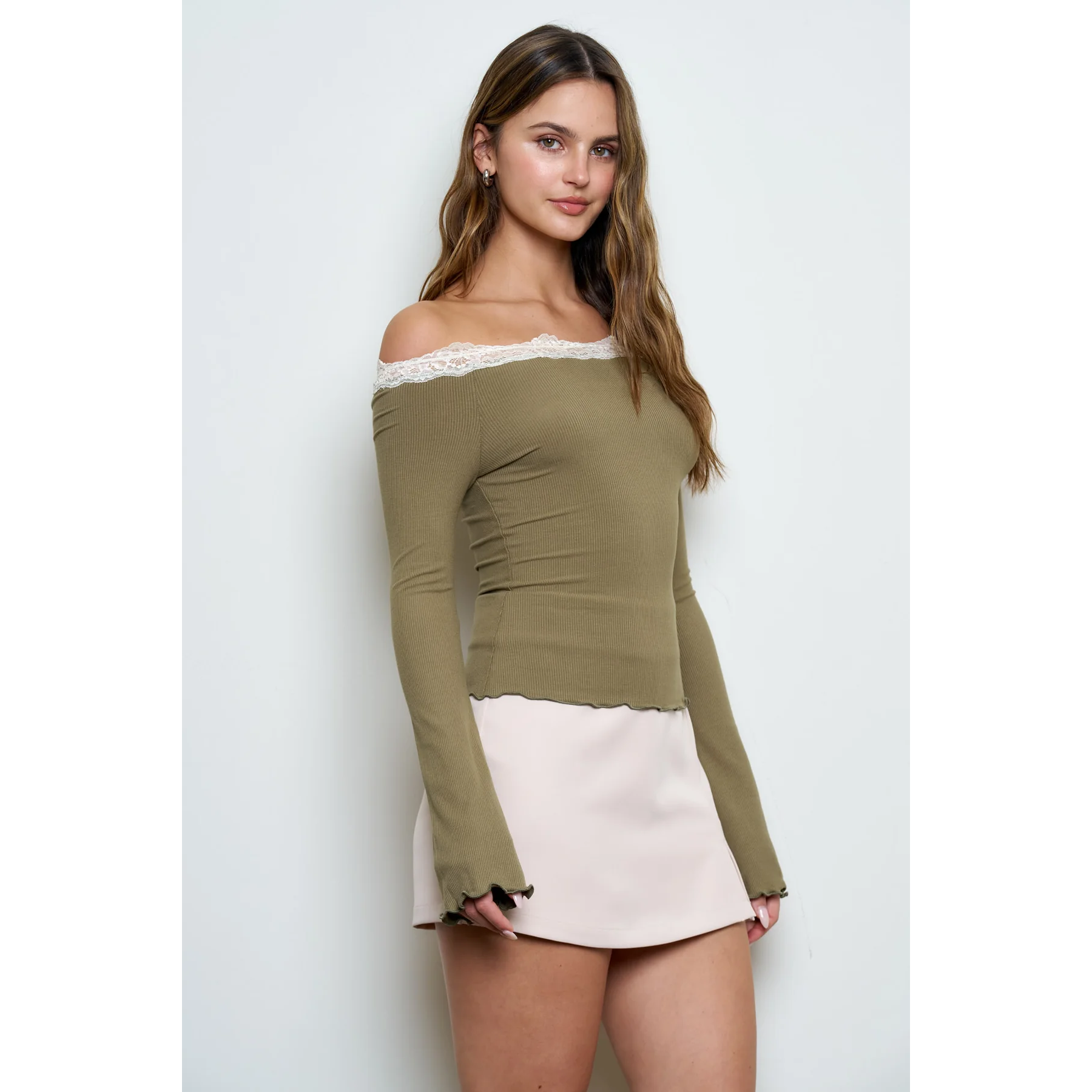 Lace Trim Off Shoulder Ribbed Top