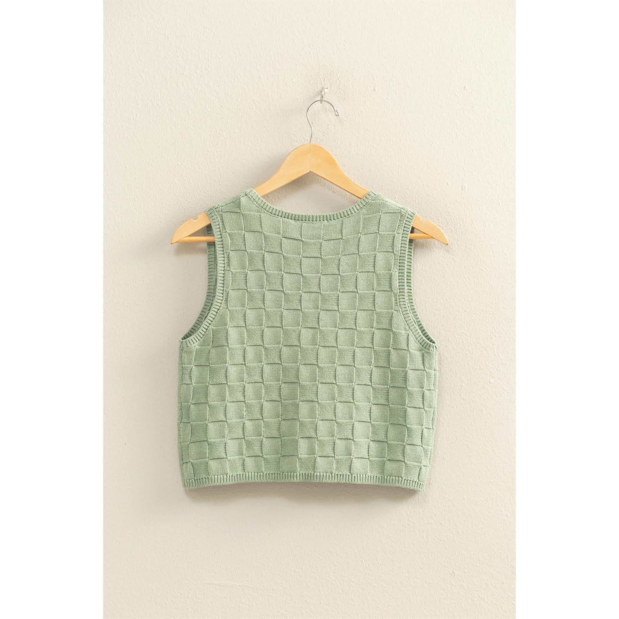 Basket Weave Button Sweater Vest || Sage Green