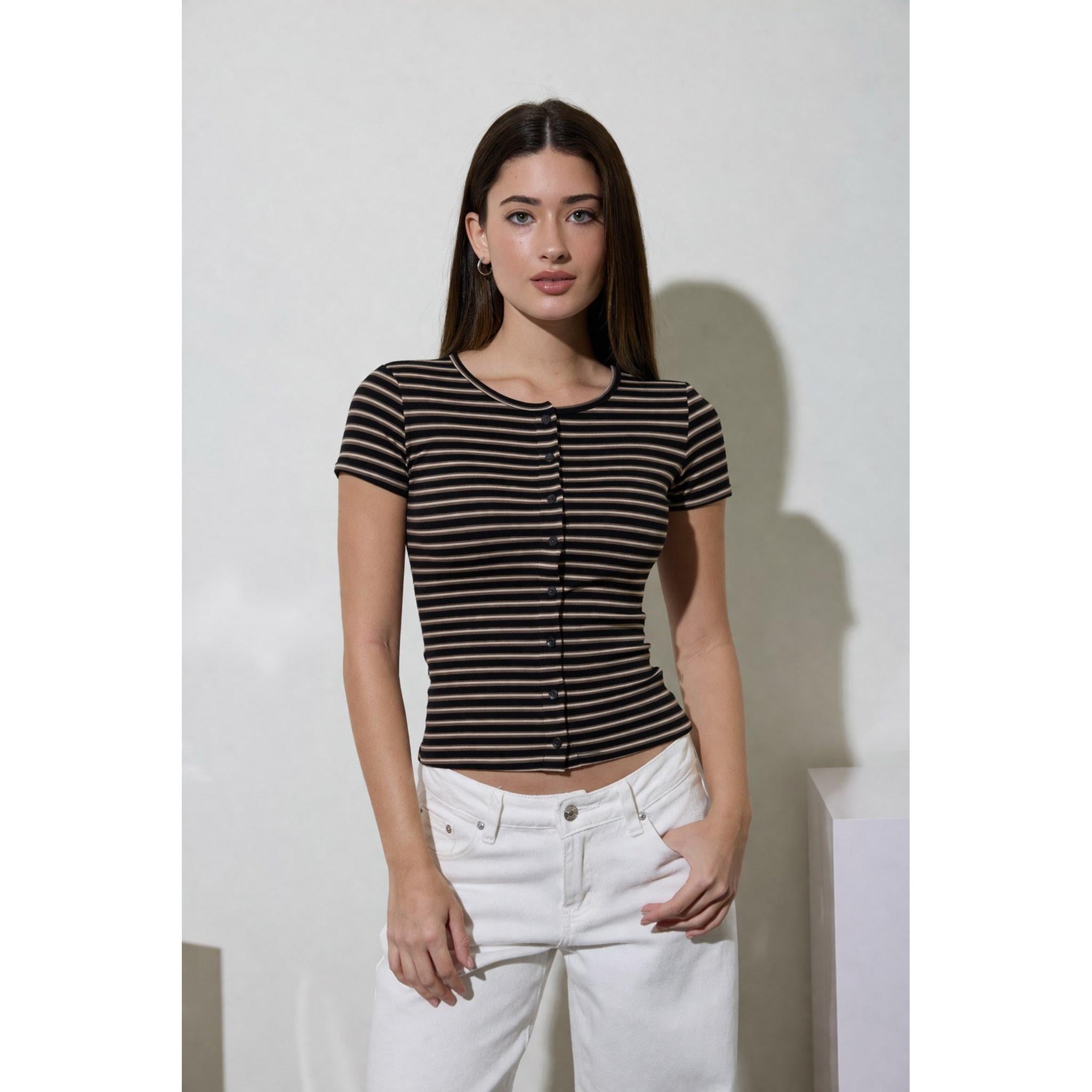 stripe button up fitted tee
