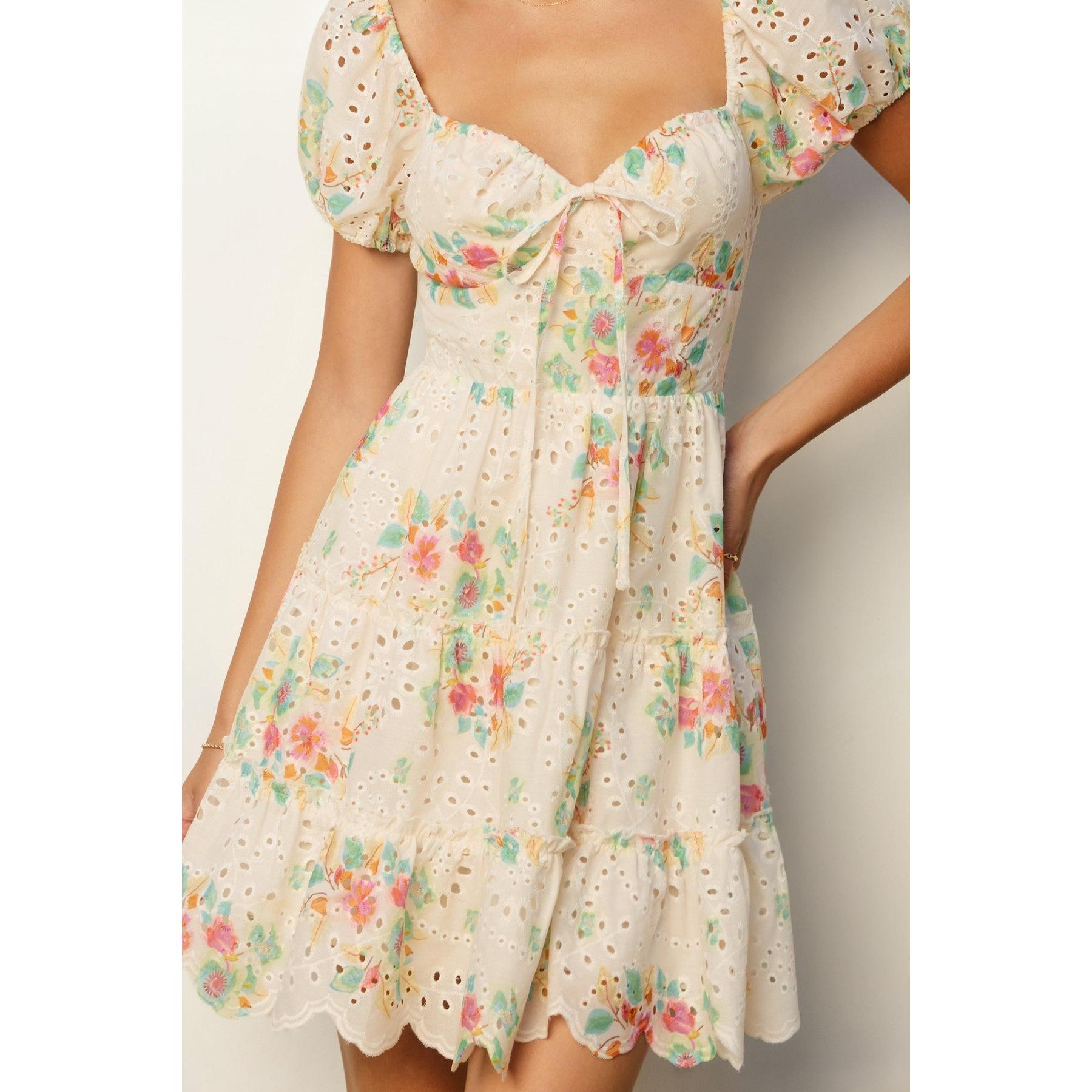 Floral Eyelet Puff Sleeve Mini Dress || Summer Garden