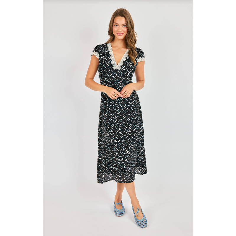 Sadie & Sage midi dress with lace trim, polka dots