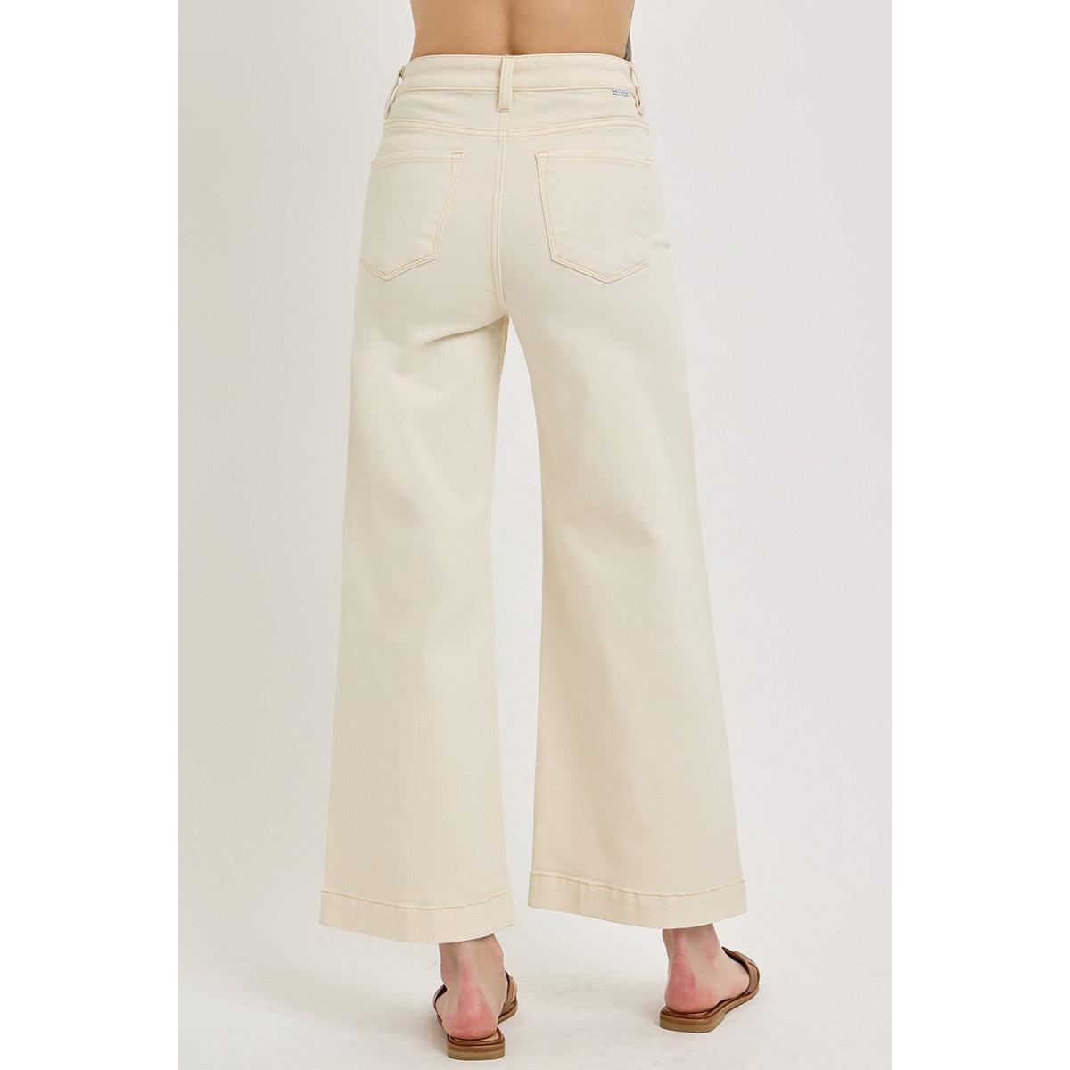 Risen Tummy Control High Rise Crop Wide Jeans || Ivory