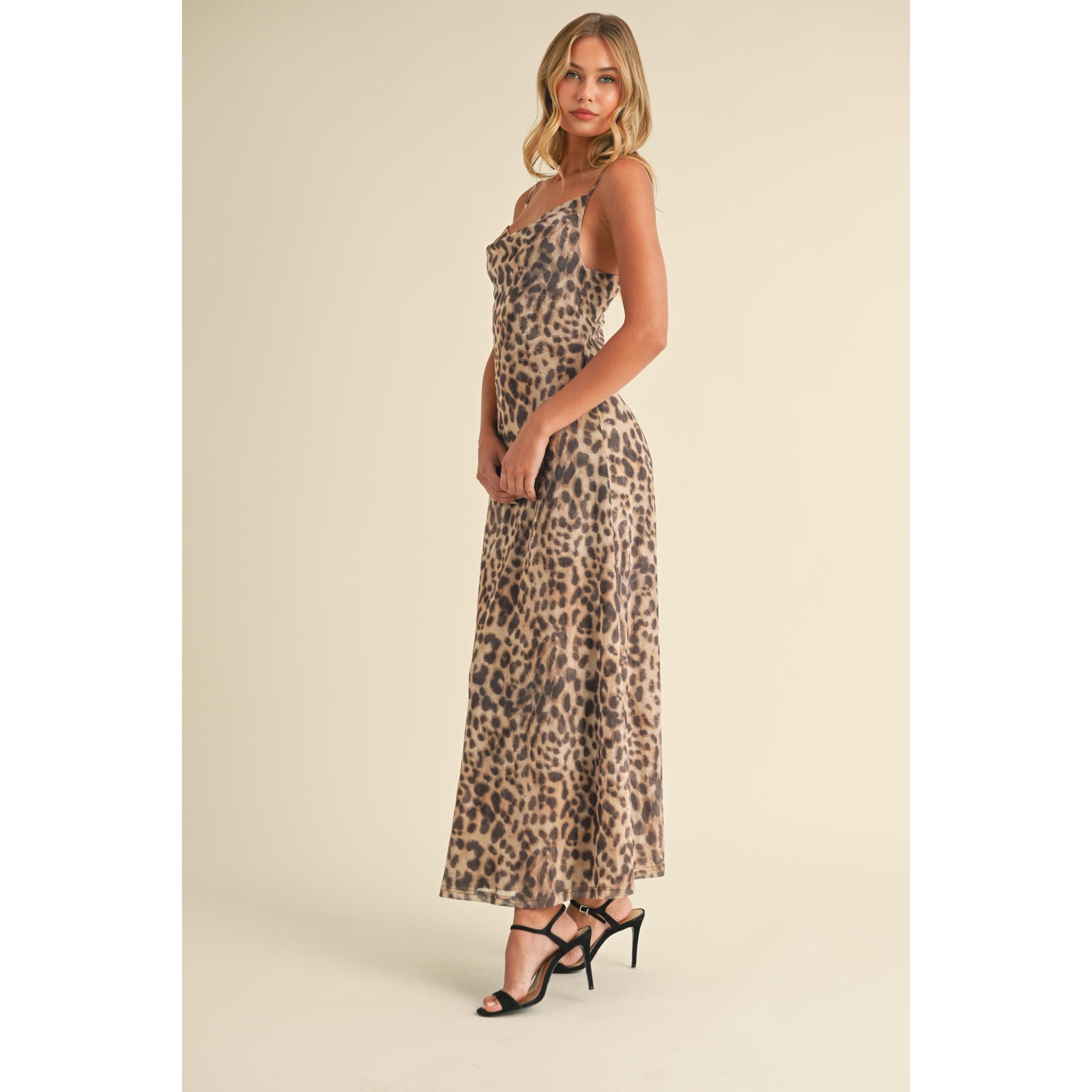 Cowl Neck Mesh Maxi Dress || Leopard