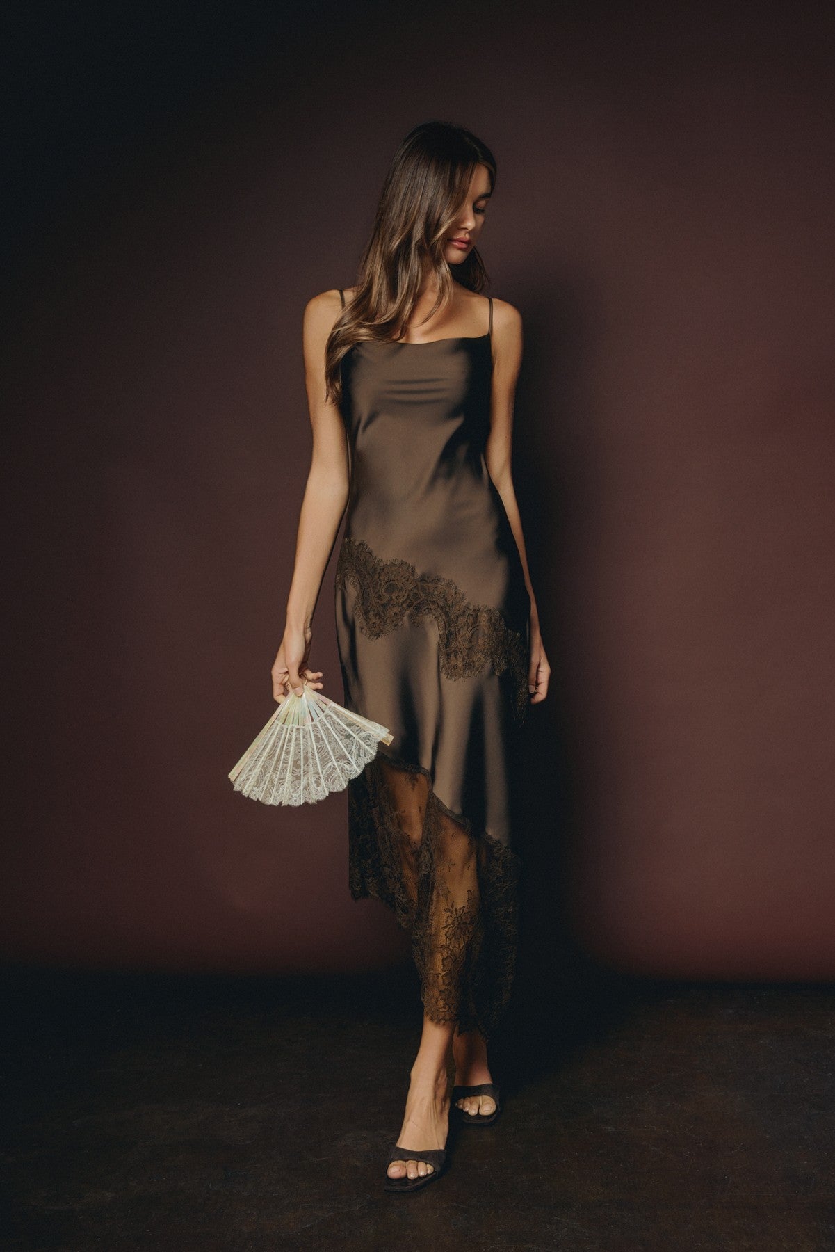 Asymmetrical lace satin dress