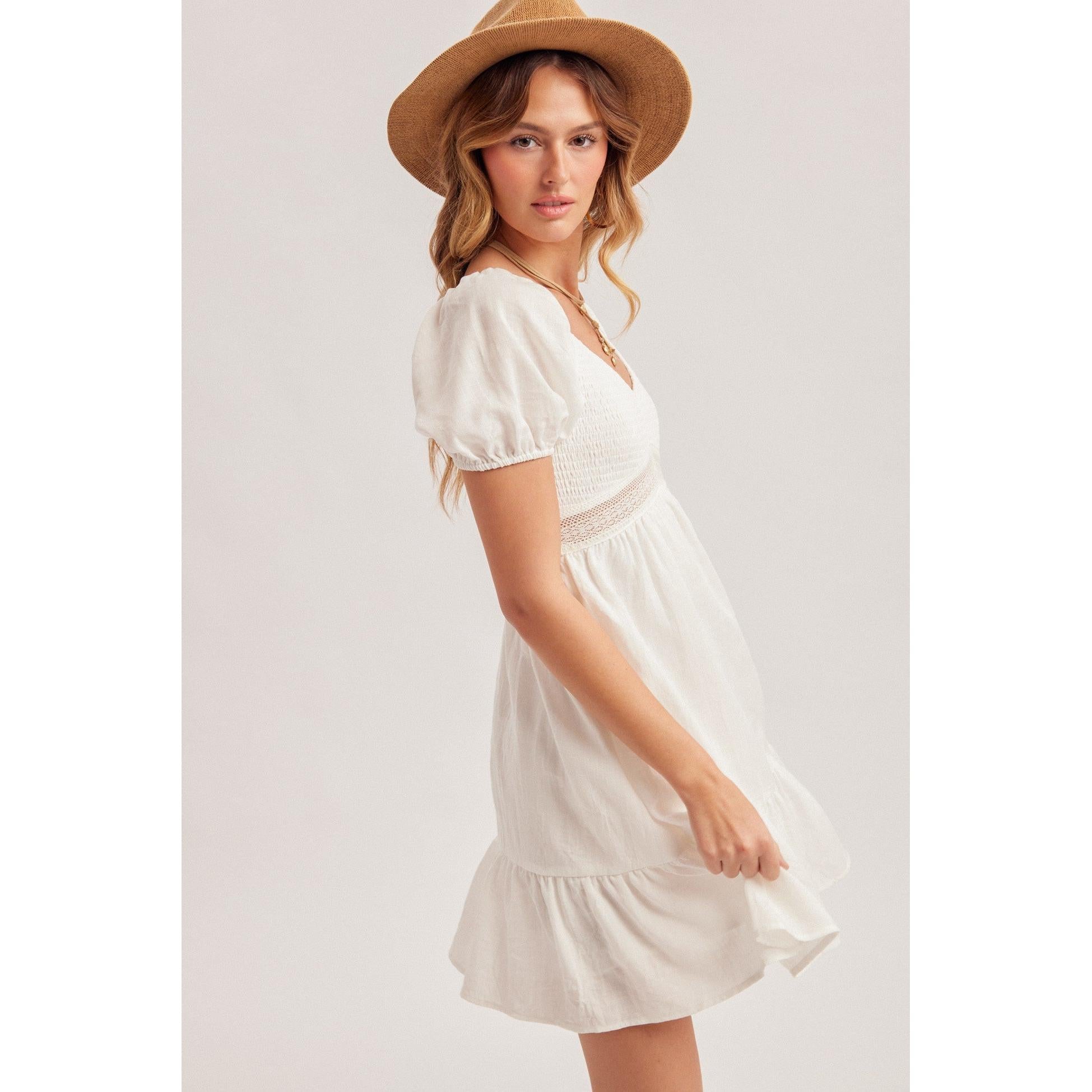 Bubble Sleeve Ruffle Mini Dress || White