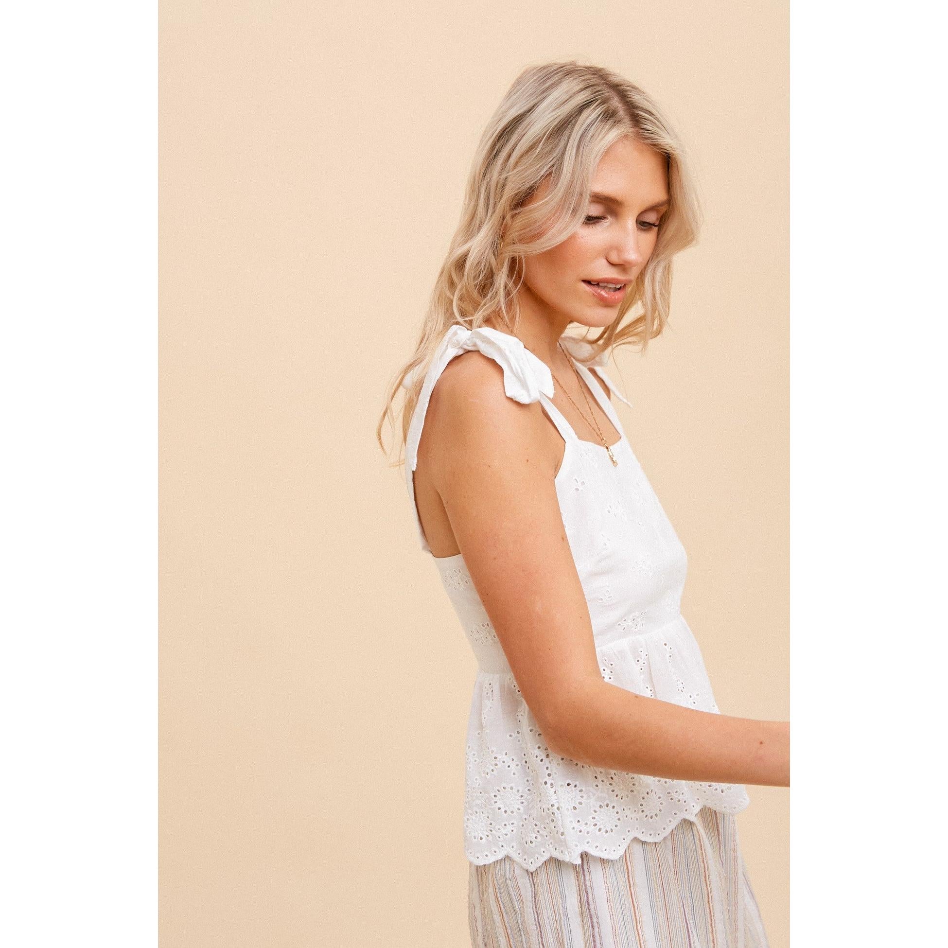 Eyelet Scalloped Hem Tie Shoulder Tank || White