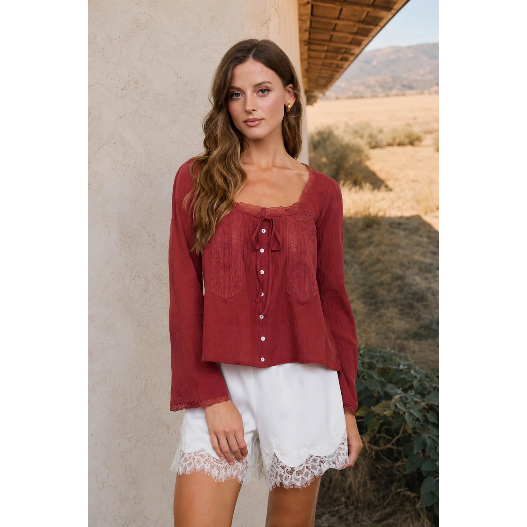 flowy lace trim front tie top