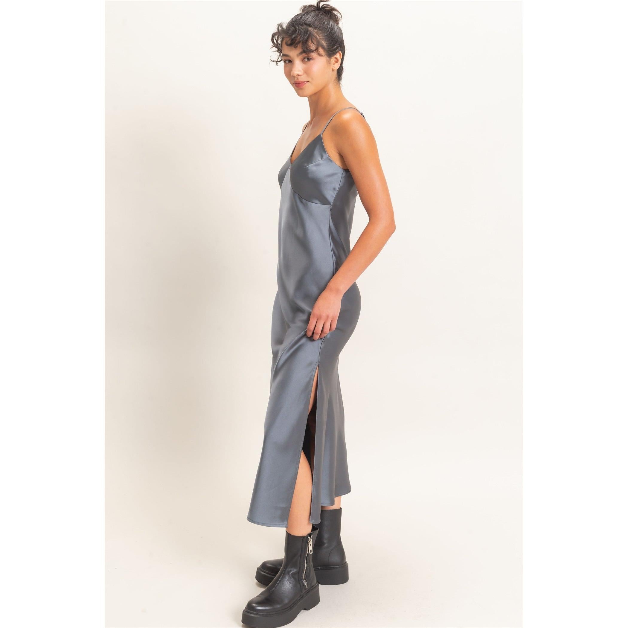 Satin V-neck Slip Dress || Dark Gray