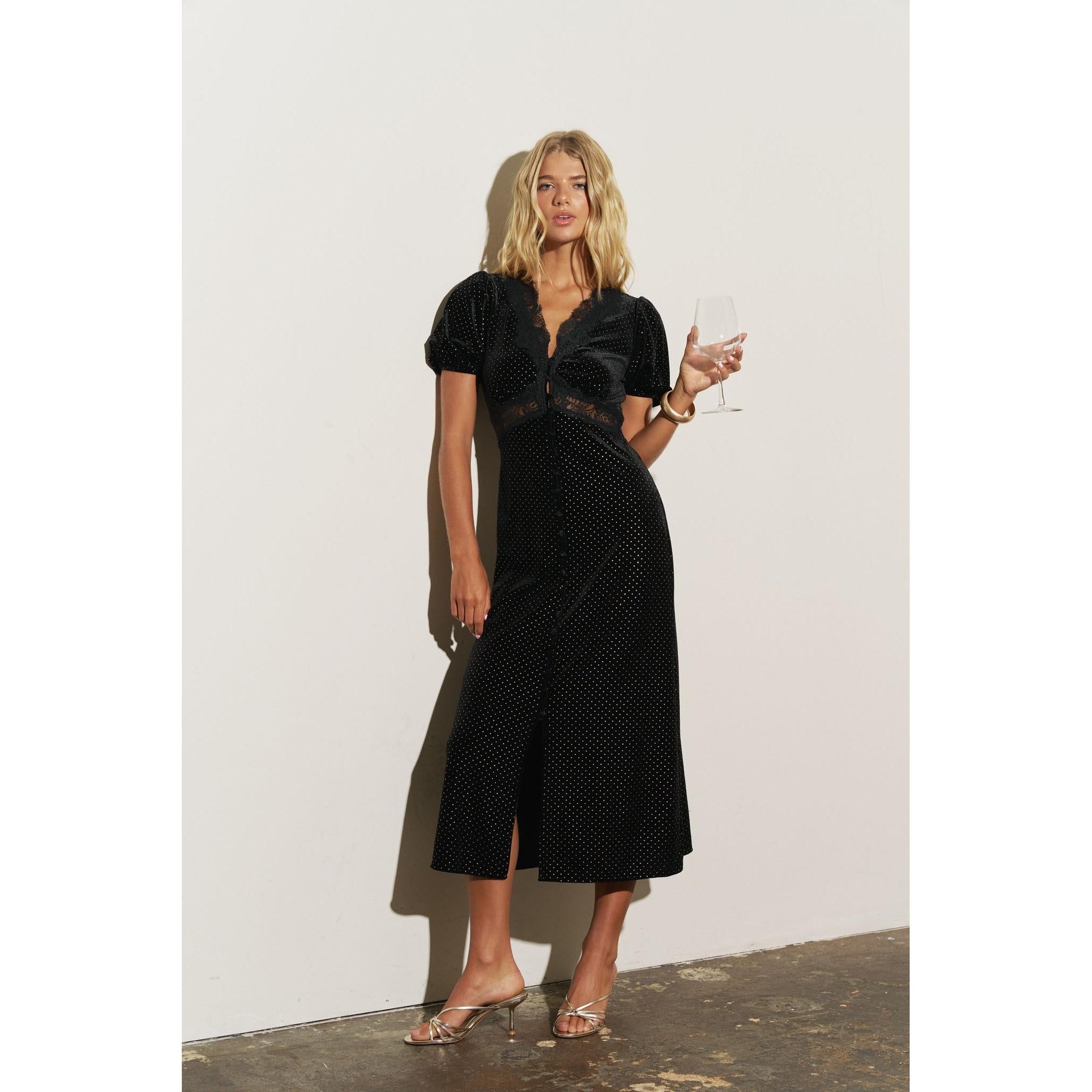 Polka Dot Velvet Lace Trim Puff Sleeve Midi Dress || Black/Gold
