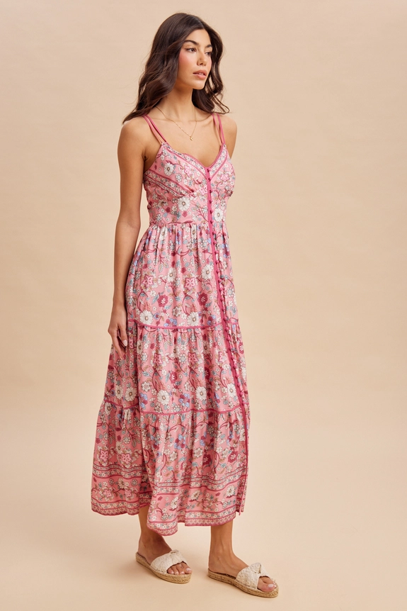 Floral Print Button Down Maxi Dress || Fuchsia