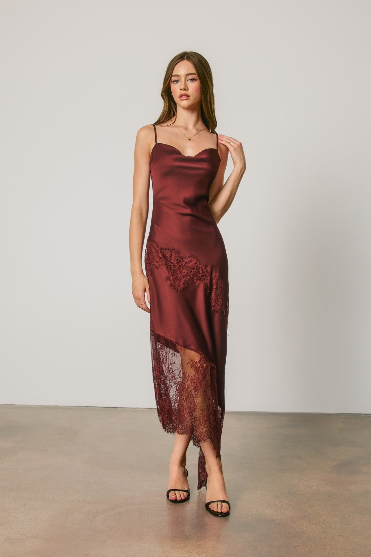 Asymmetrical Lace Trim Midi Slip Dress