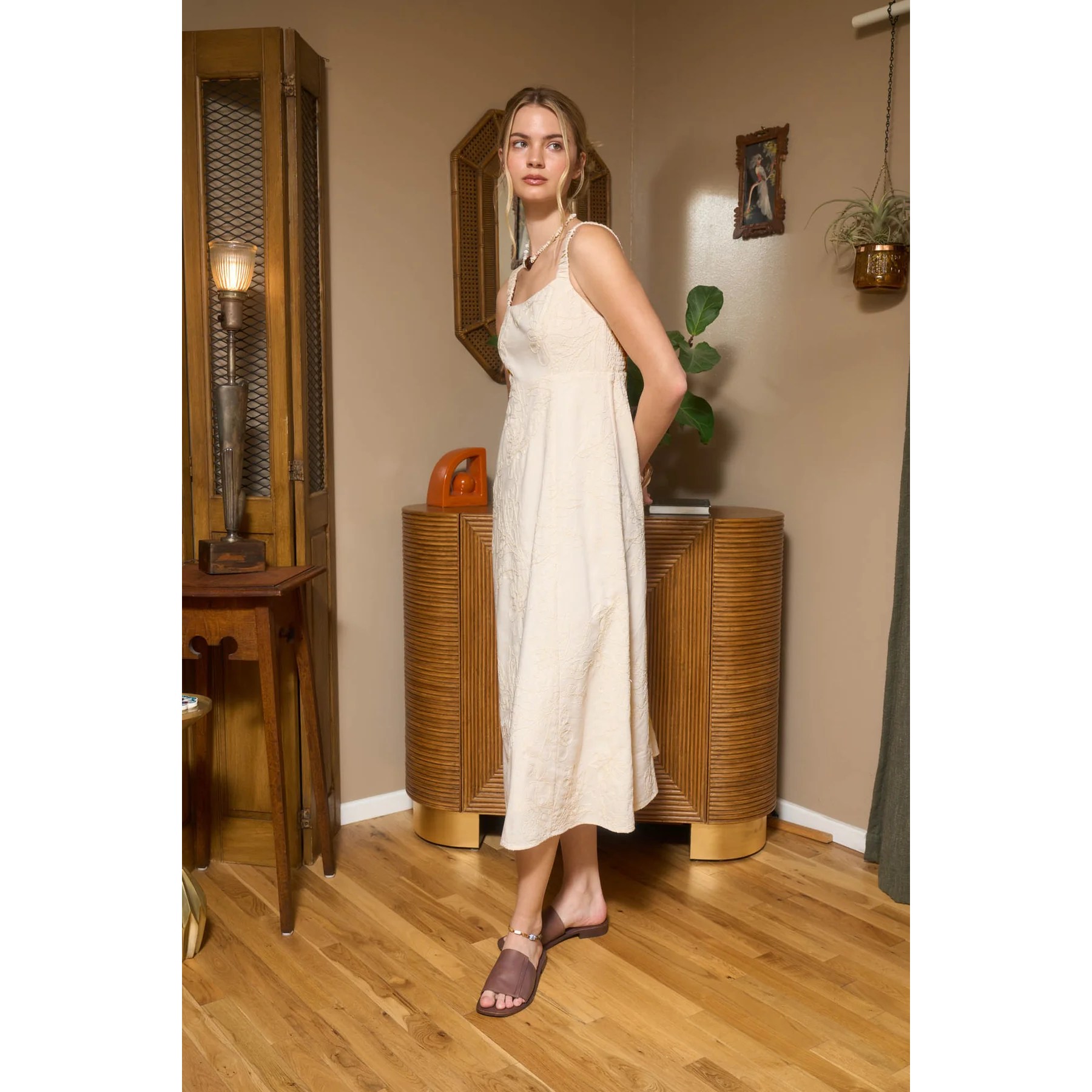 Floral Embroidery Ruched Strap Midi Dress || Natural