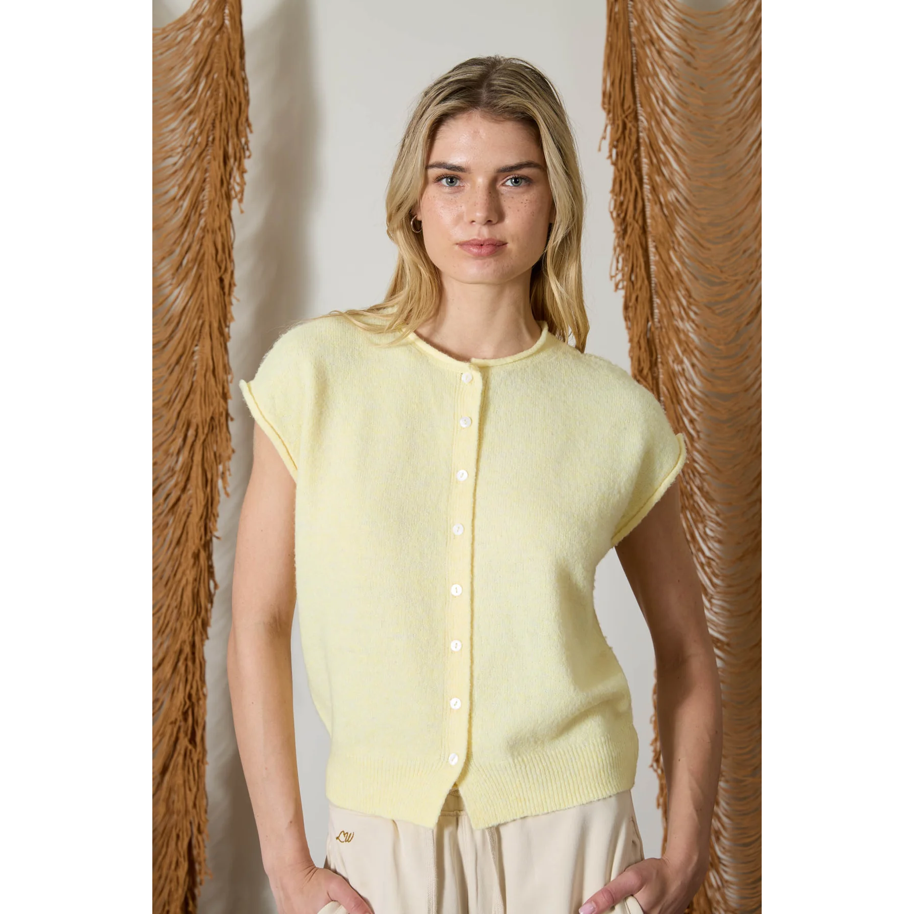 butter yellow short sleeve cardigan