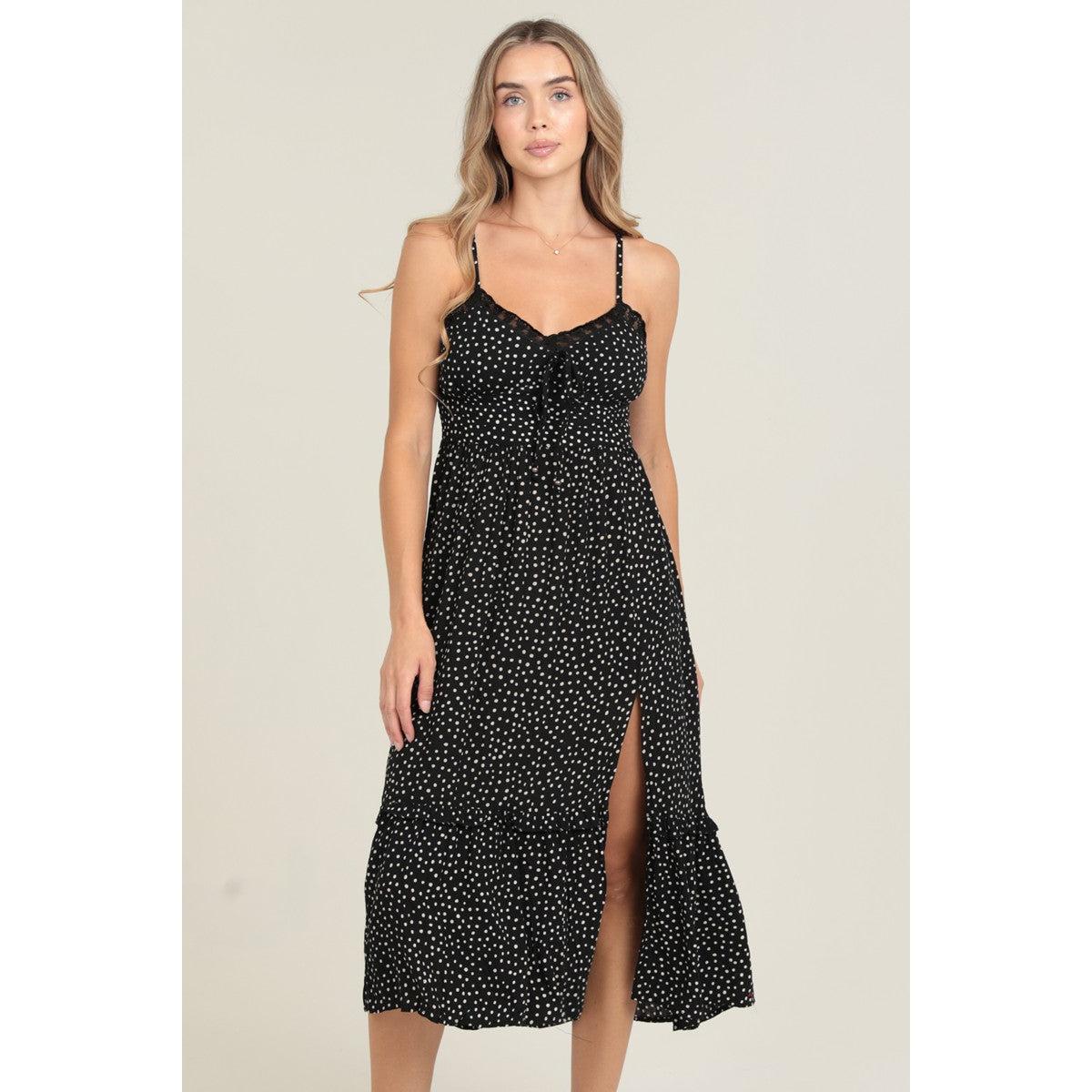Polka Dot Lace Trim Maxi Dress || Black
