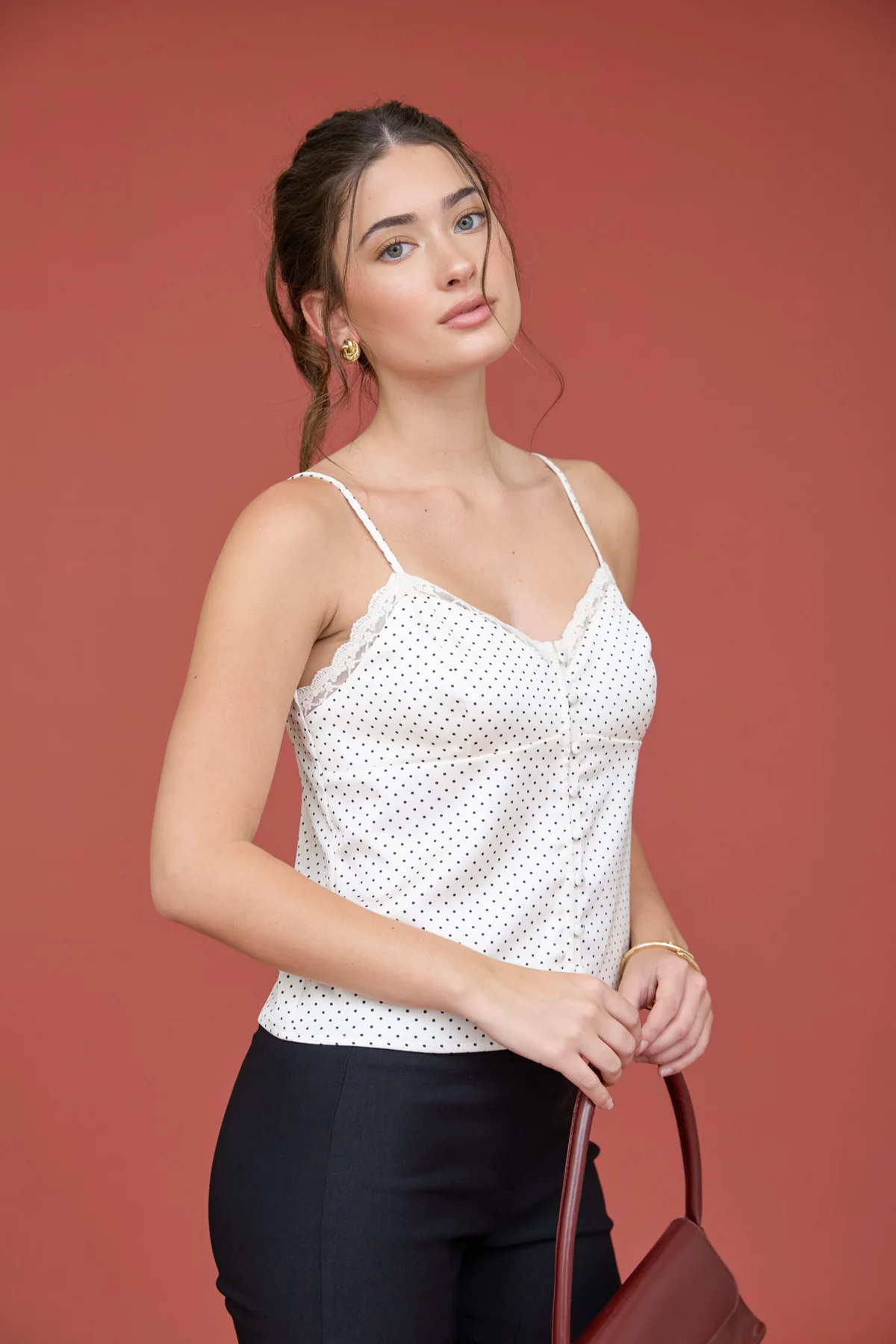 Lace Trim Button Down Satin Cami || Cream