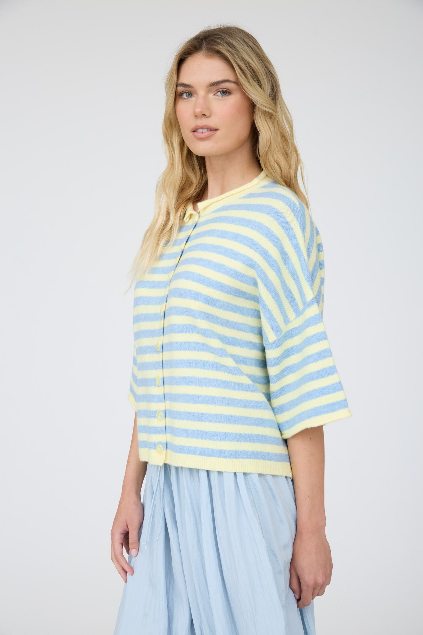 Raw Edge Short Sleeve Striped Cardigan || Yellow