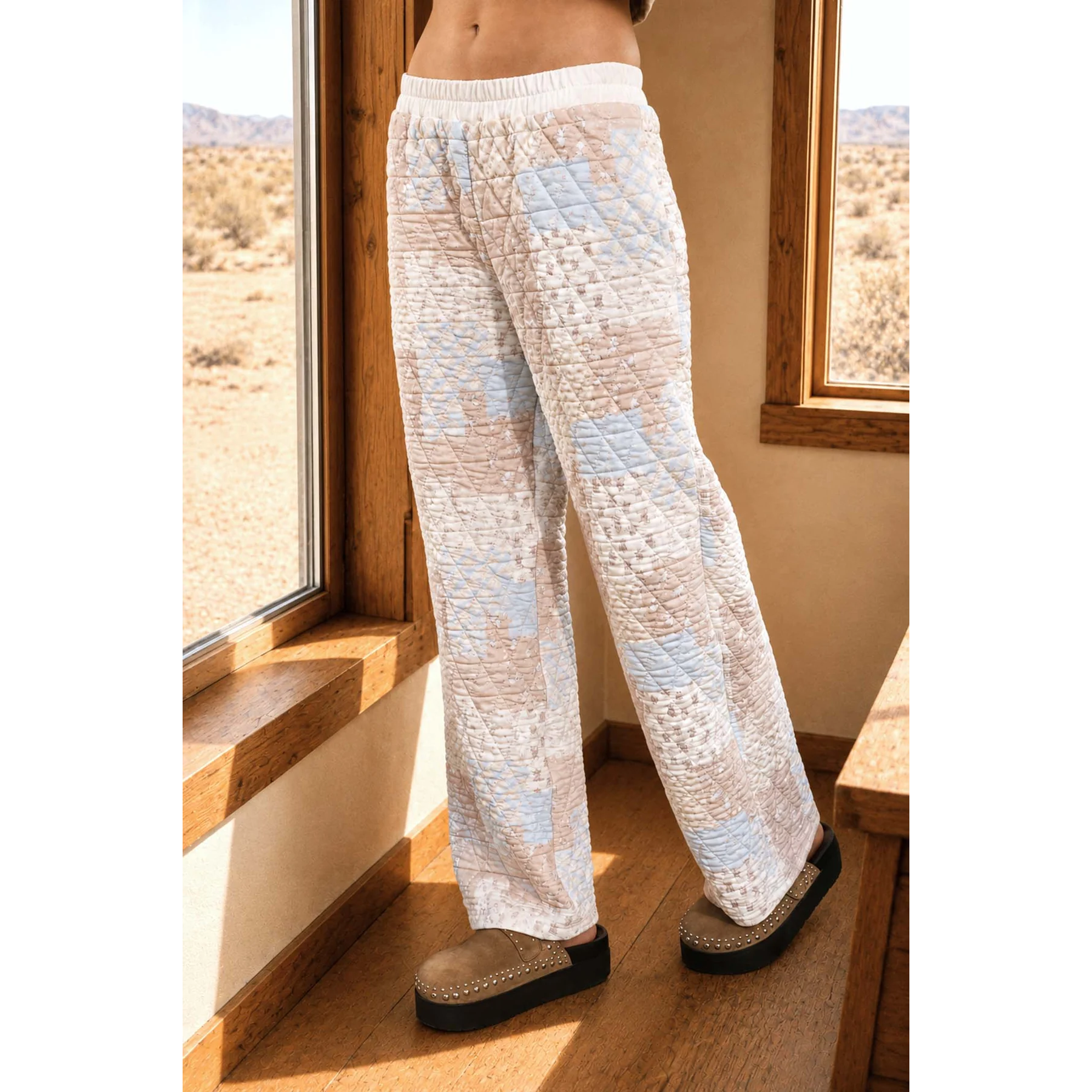 Western Patchwork Quilted Pants || Khaki Multi