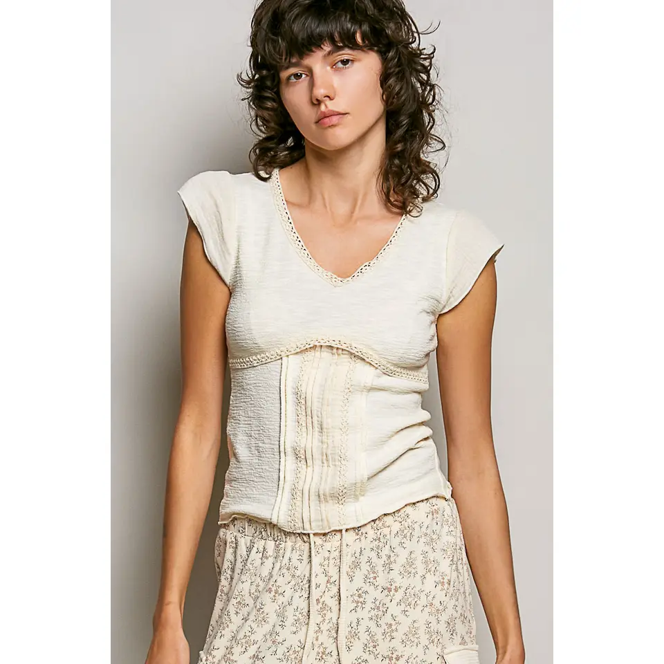V-Neck Cap Sleeve Textured Top  || Cream