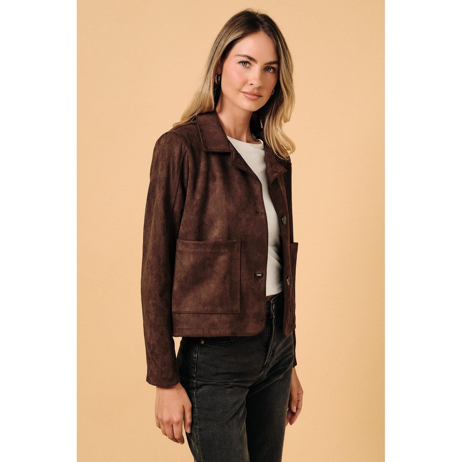 Faux Suede Button Down Jacket || Dark Brown