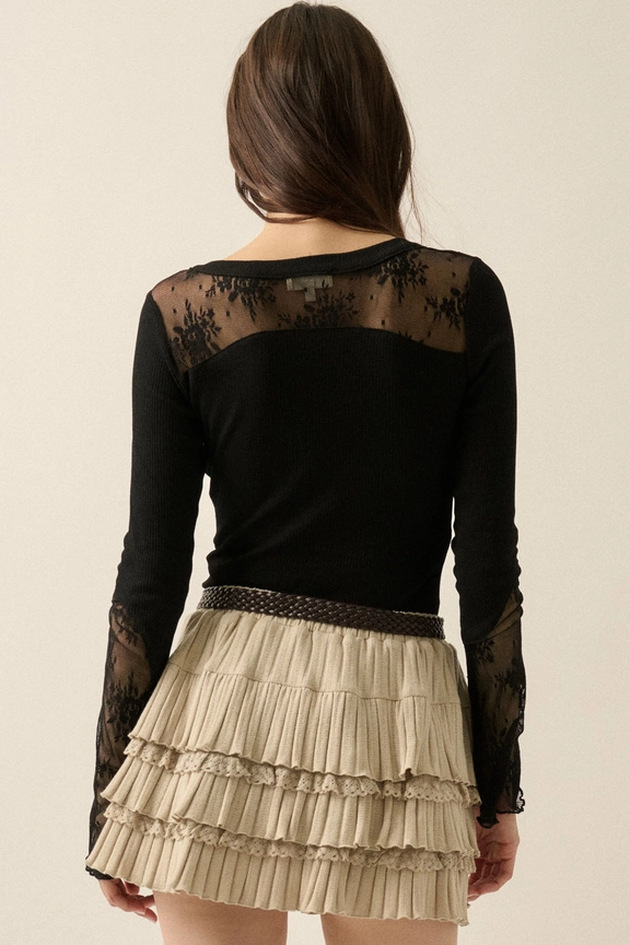 Lace Long-Sleeve Split-Cuff Henley Top || Black