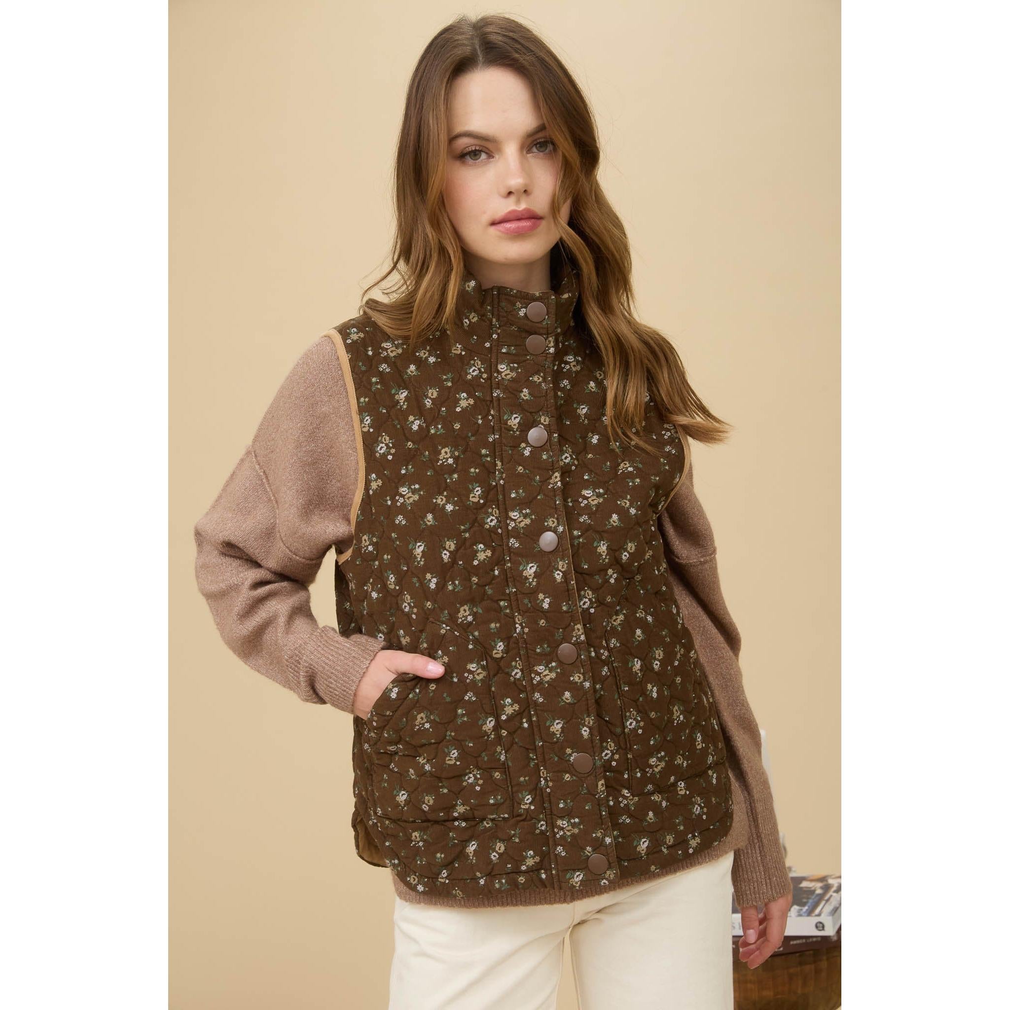 Floral Quilted Zip-up Puffer Vest